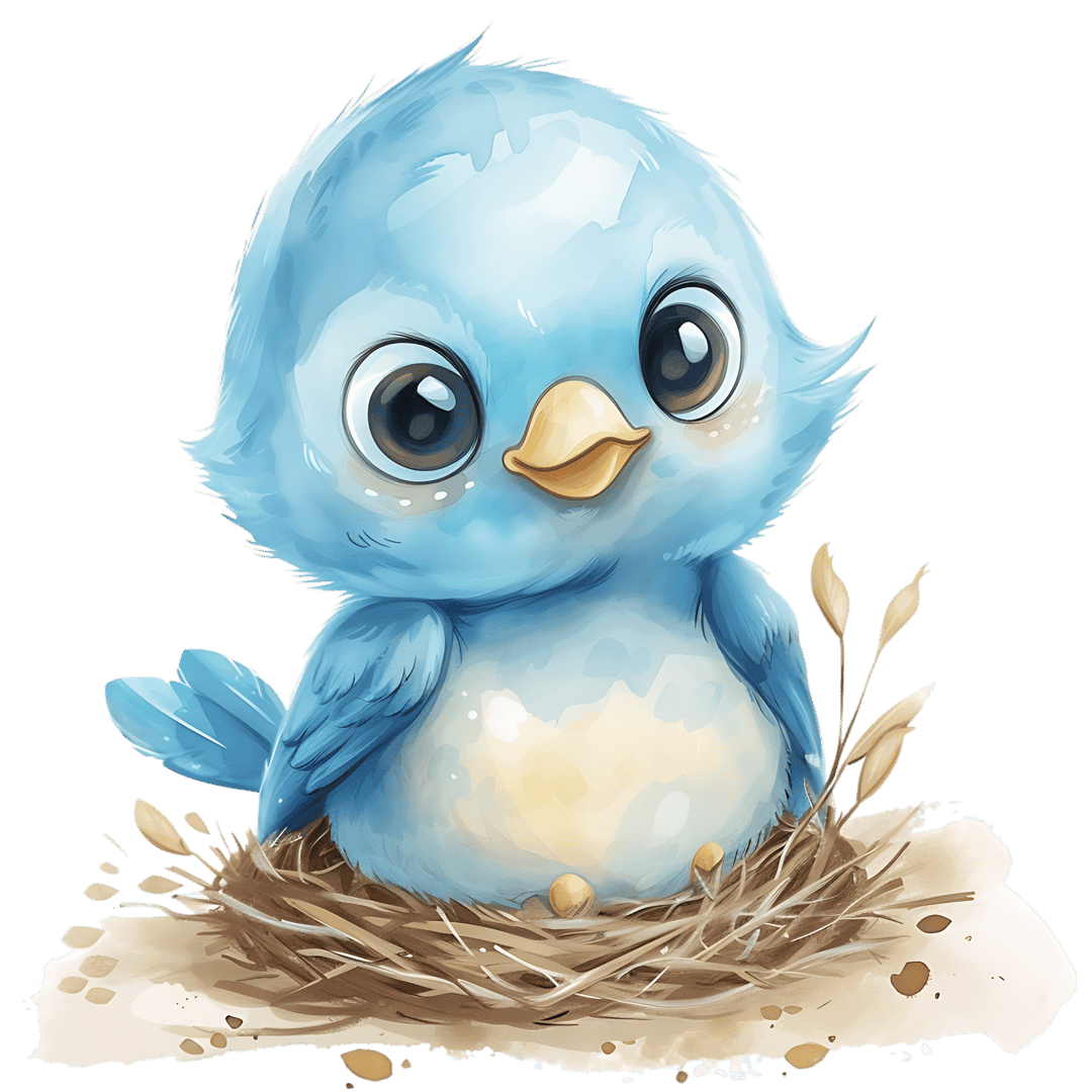 Blue bird sitting in twig nest with two eggs, rendered in a soft watercolor style with textured feathers.