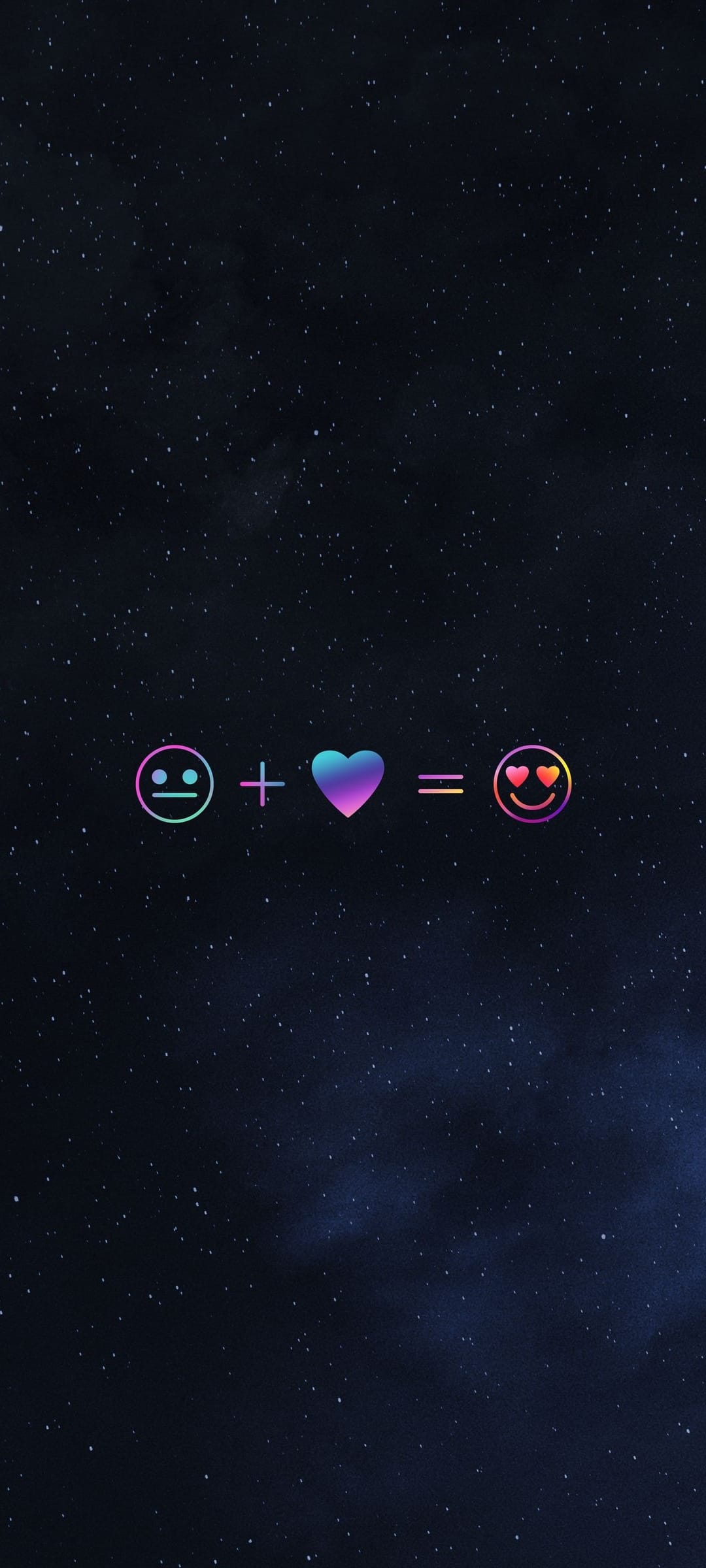 Yellow smiley face and gradient heart equation centered on a dark night sky filled with distant white stars.