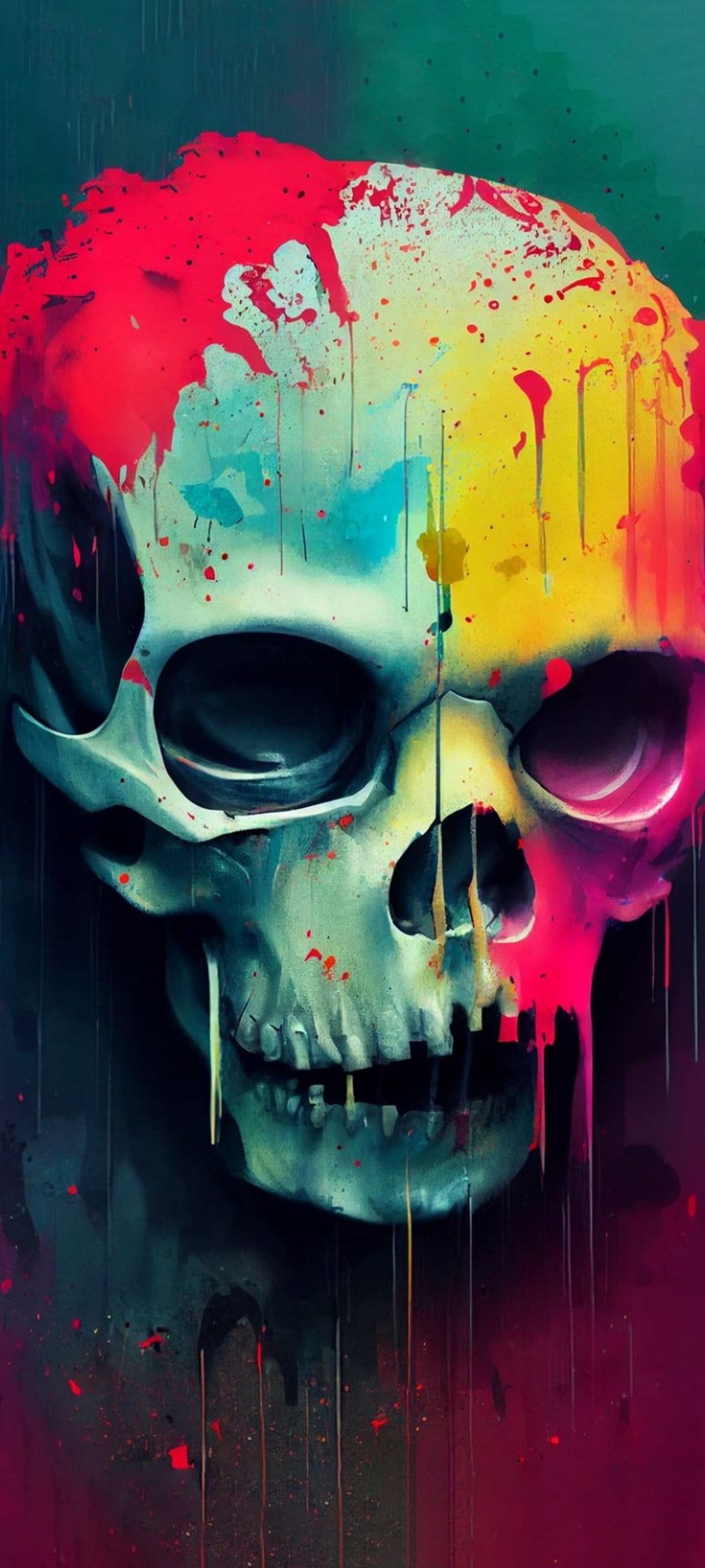 Human skull covered in dripping neon red and yellow paint against a solid black background with fluid splatters.
