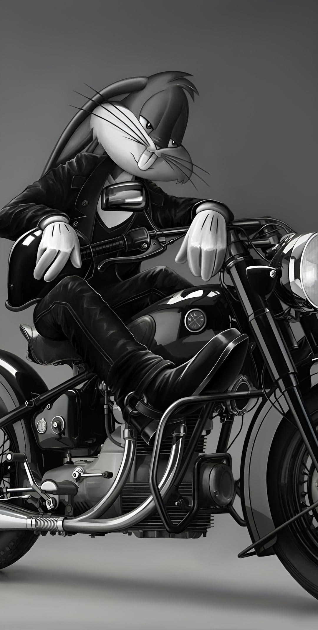 Bugs Bunny in a black leather jacket sits on a vintage motorcycle while holding a helmet with a cool expression.