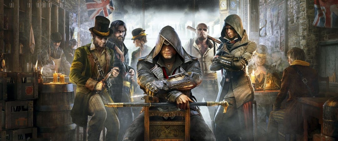 Jacob and Evie Frye pose with their gang in a dark Victorian London pub with Big Ben visible through a window.