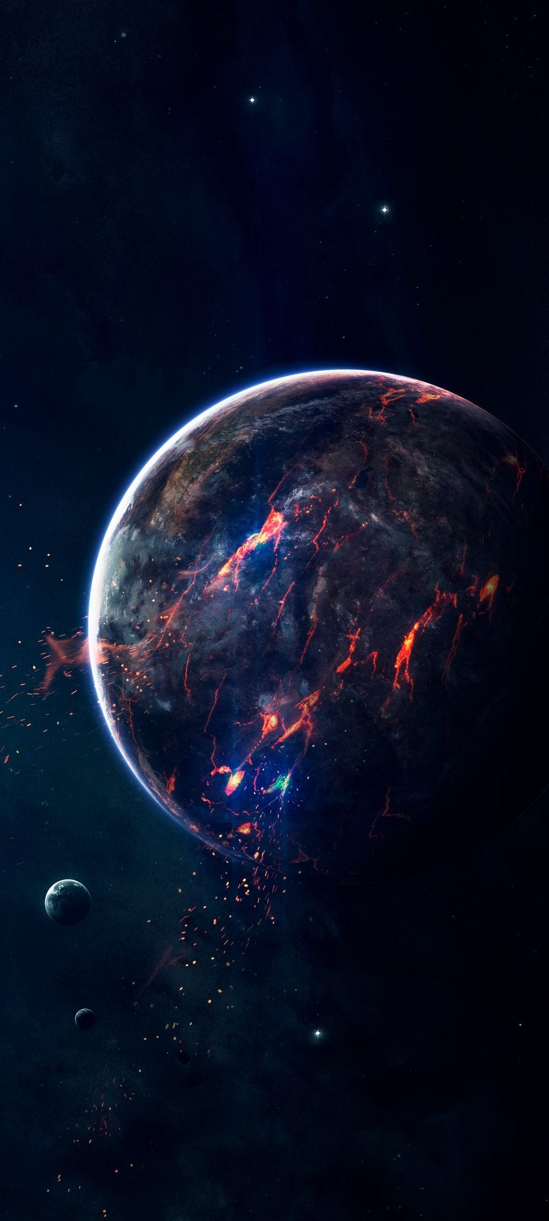 Red volcanic fissures glow across a dark planet's surface amidst distant moons and sparkling star fields.