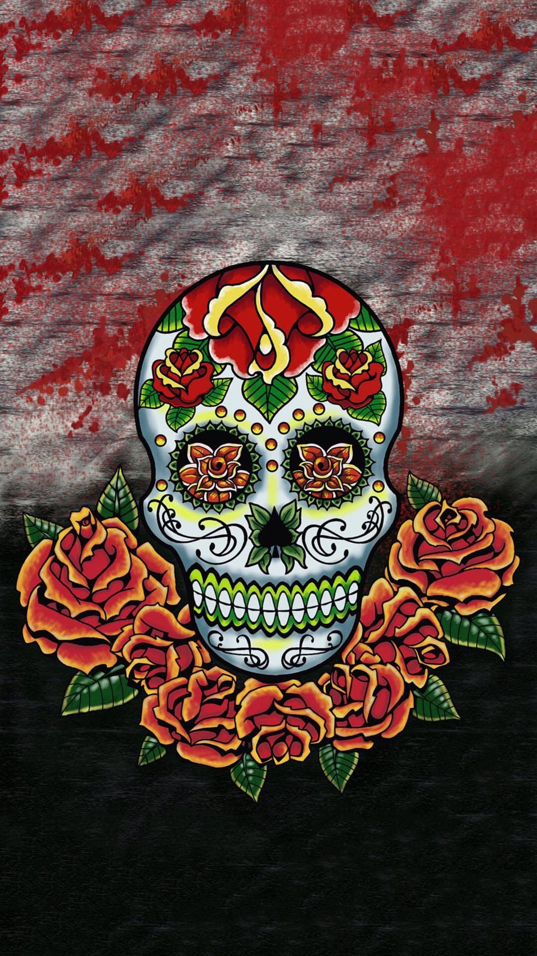 Ornate sugar skull framed by lush red roses sits against a weathered dark background in a vertical layout.