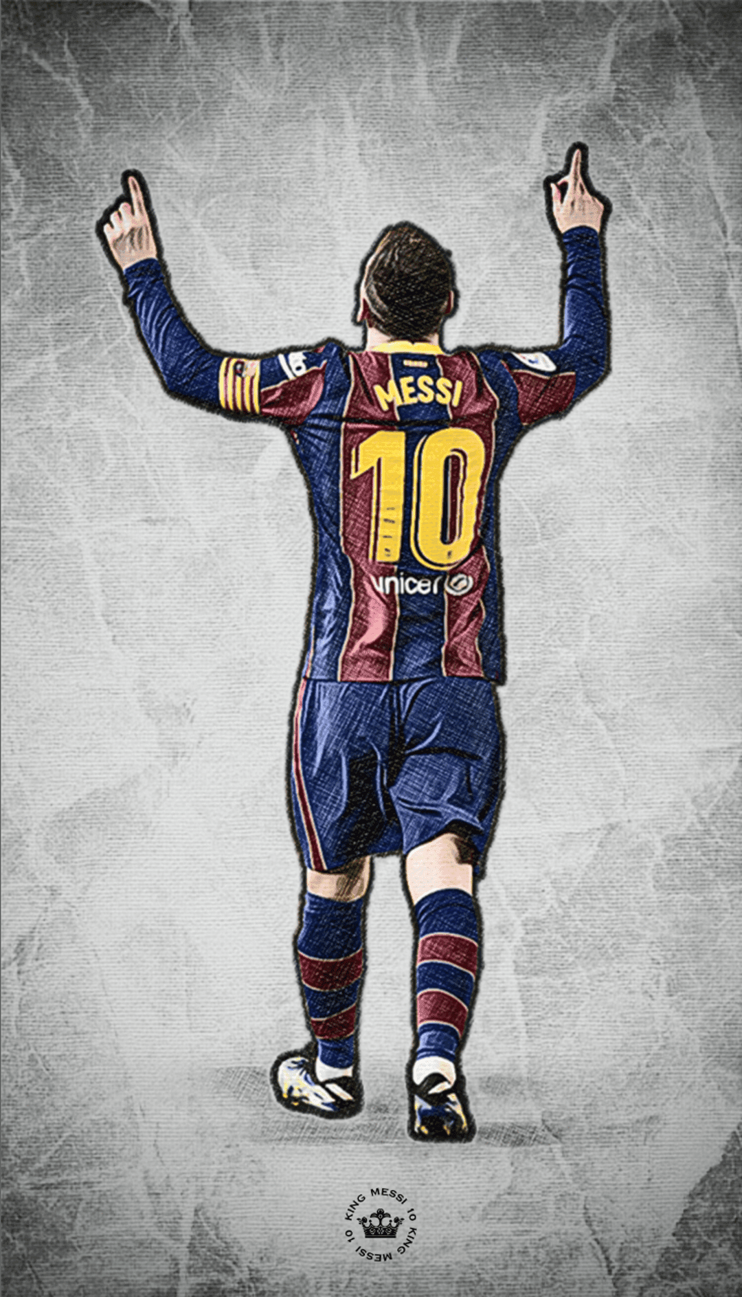 Lionel Messi in a Barcelona jersey points toward the sky with both arms raised against a textured gray background.