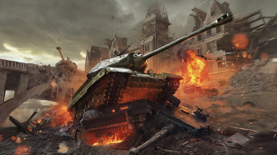 A green military tank climbs over debris in a burning destroyed city during a chaotic urban battle.