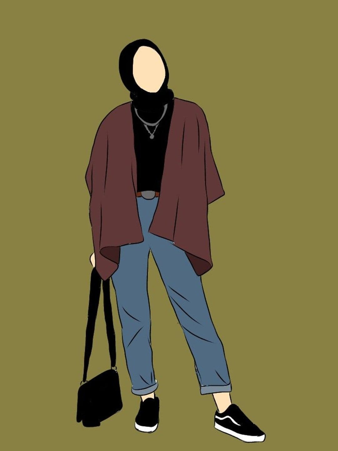 Faceless woman wearing a black hijab, maroon cardigan, and denim jeans while carrying a stylish black shoulder bag.