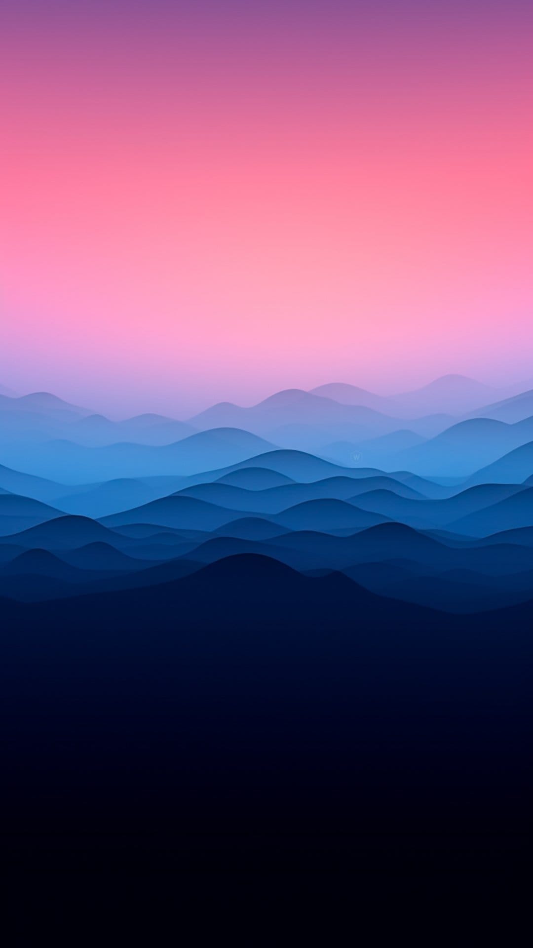 Layered blue mountain peaks sit under a soft pink and purple gradient sky in a minimalist vertical composition.