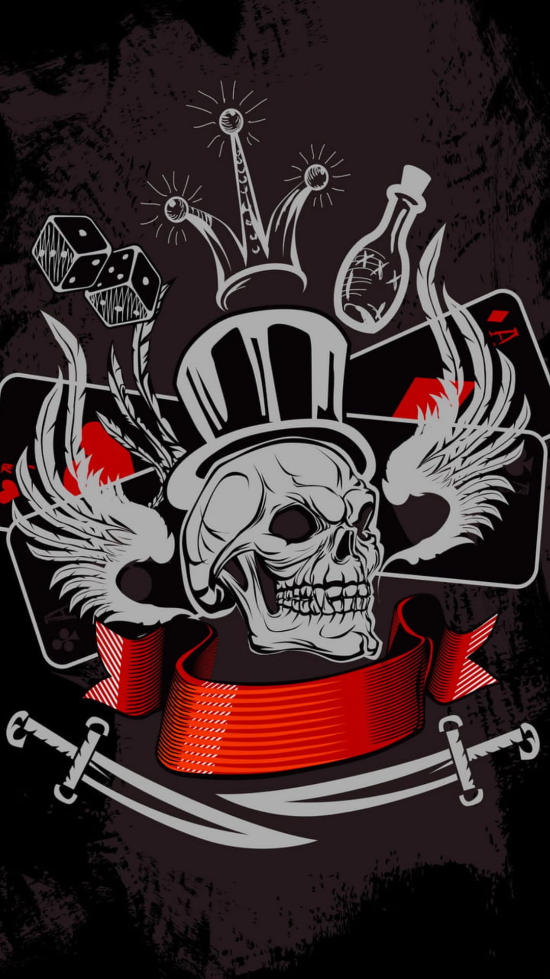 Skull wearing a top hat and jester crown sits between wings, ivory dice, playing cards, and crossed curved sabers.