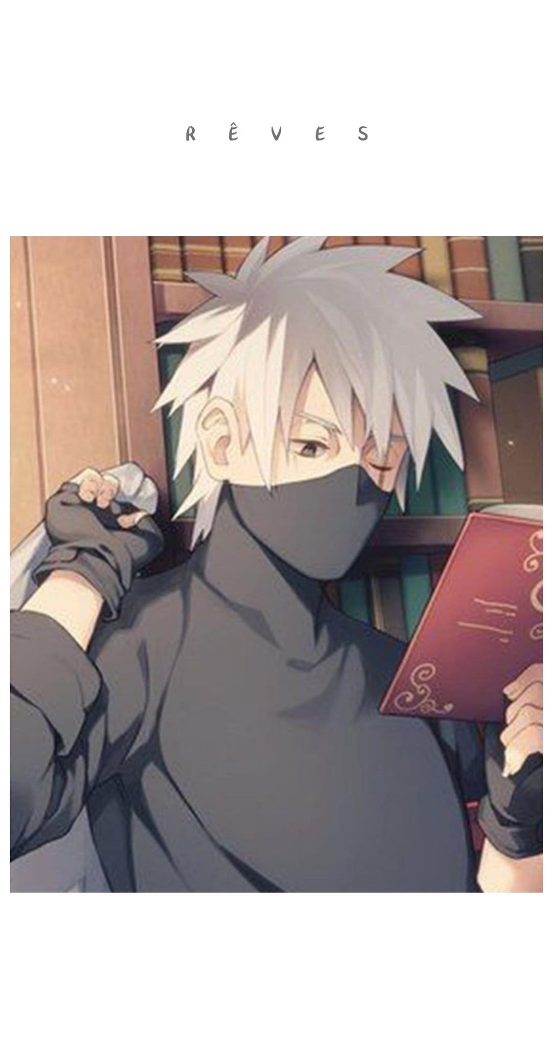 Spiky silver-haired character wearing a black mask reads a red book while standing in a dimly lit library.