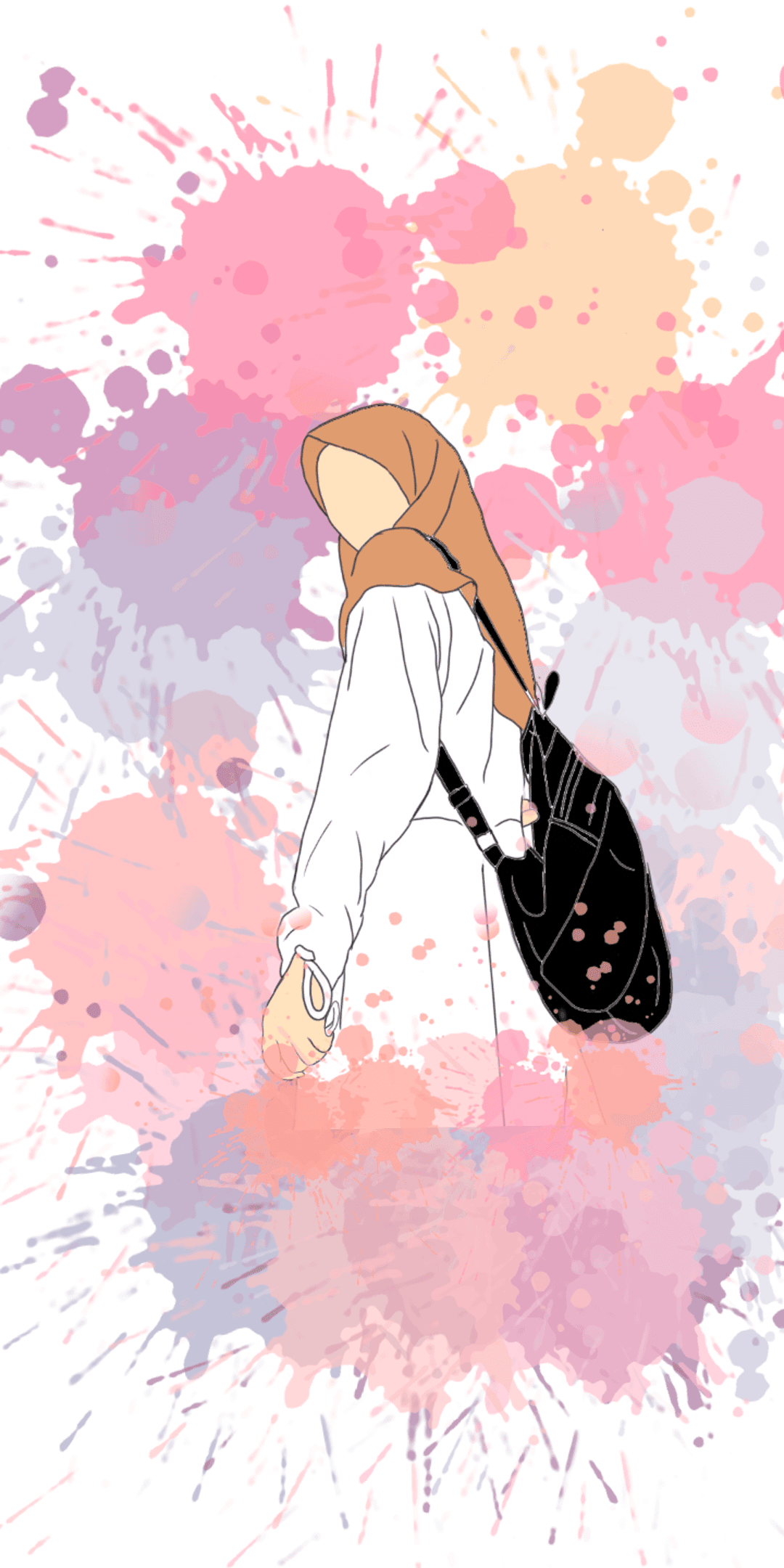 Young woman in a brown hijab and white clothing carries a backpack amid pink, purple, and orange paint splatters.
