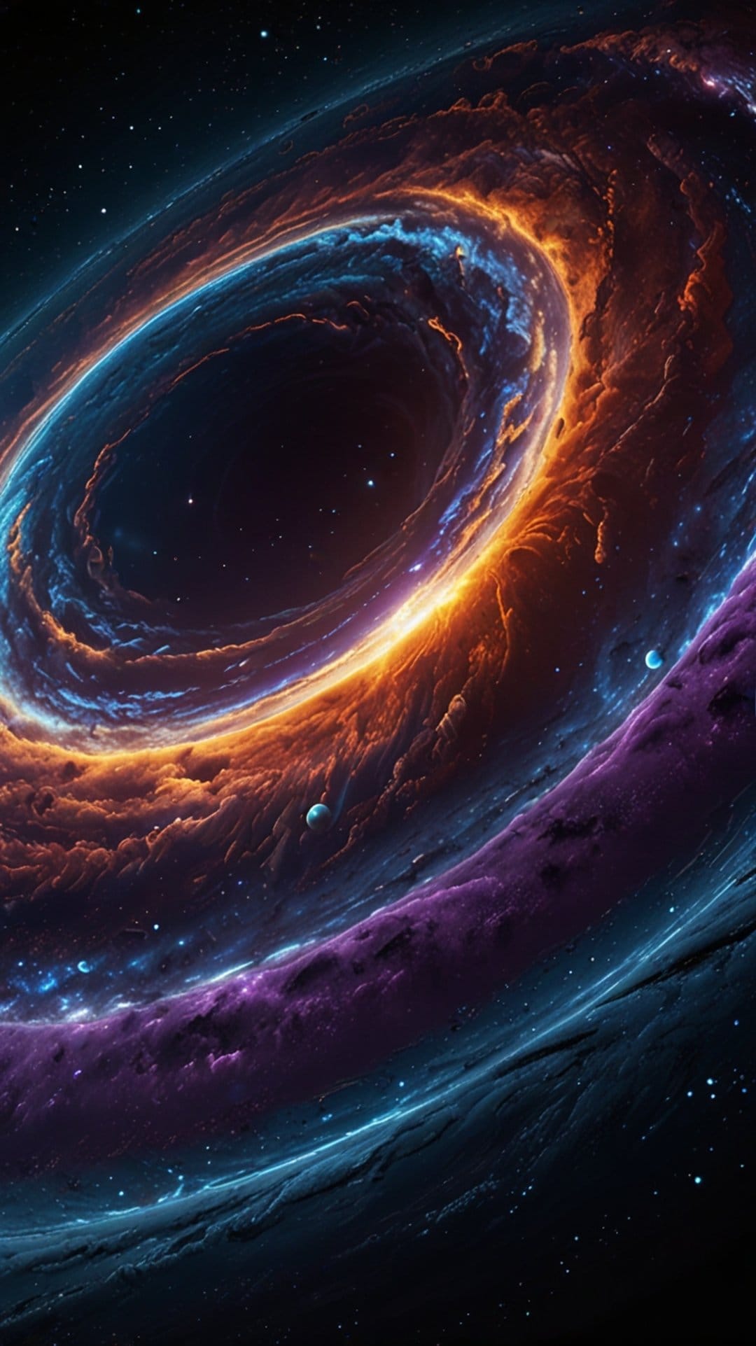 Massive black hole with a glowing orange accretion disk surrounded by purple and blue nebula clouds and tiny stars.