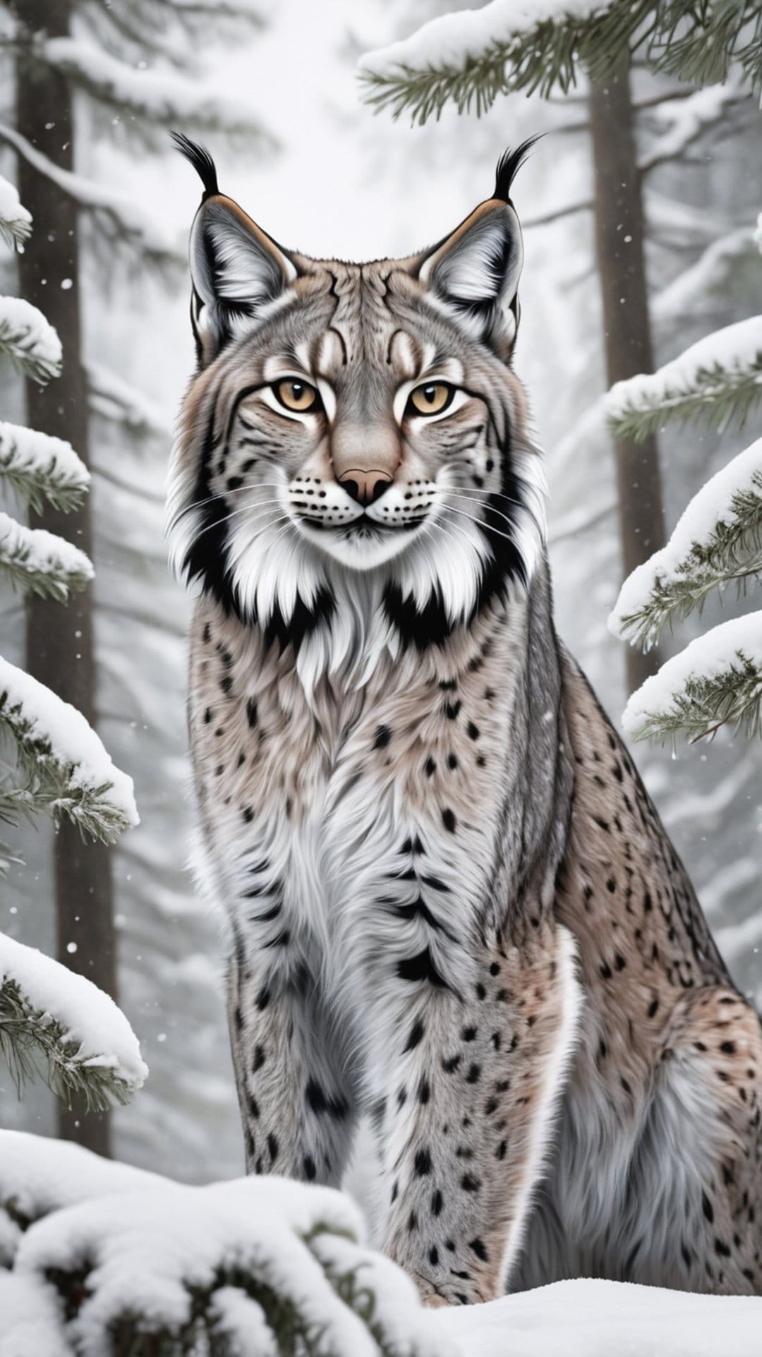 European lynx with tufted ears and a spotted coat sits in a snow-covered forest during a winter storm.