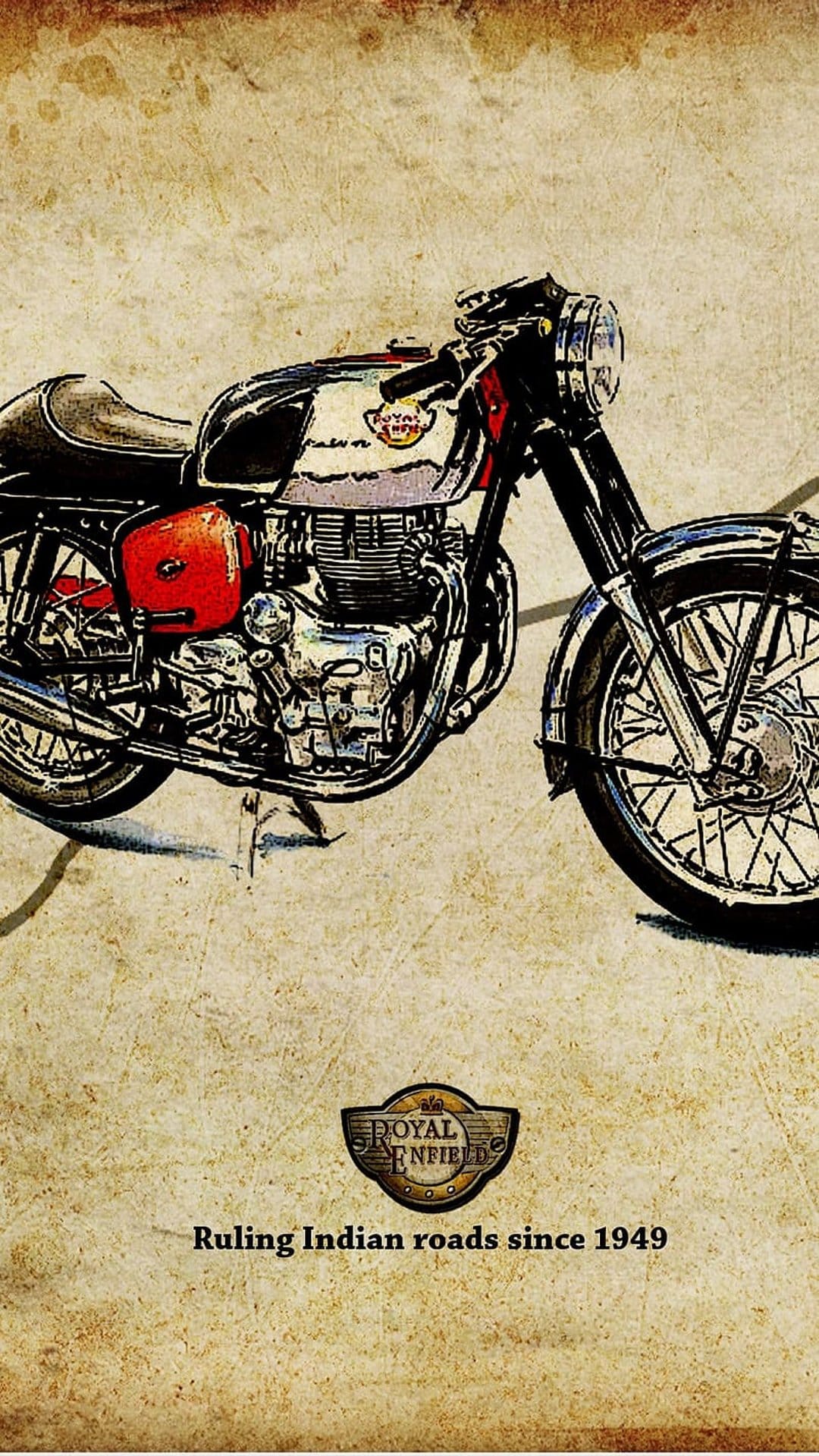 Royal Enfield motorcycle on textured tan paper with a logo and Ruling Indian roads since 1949 inscription.