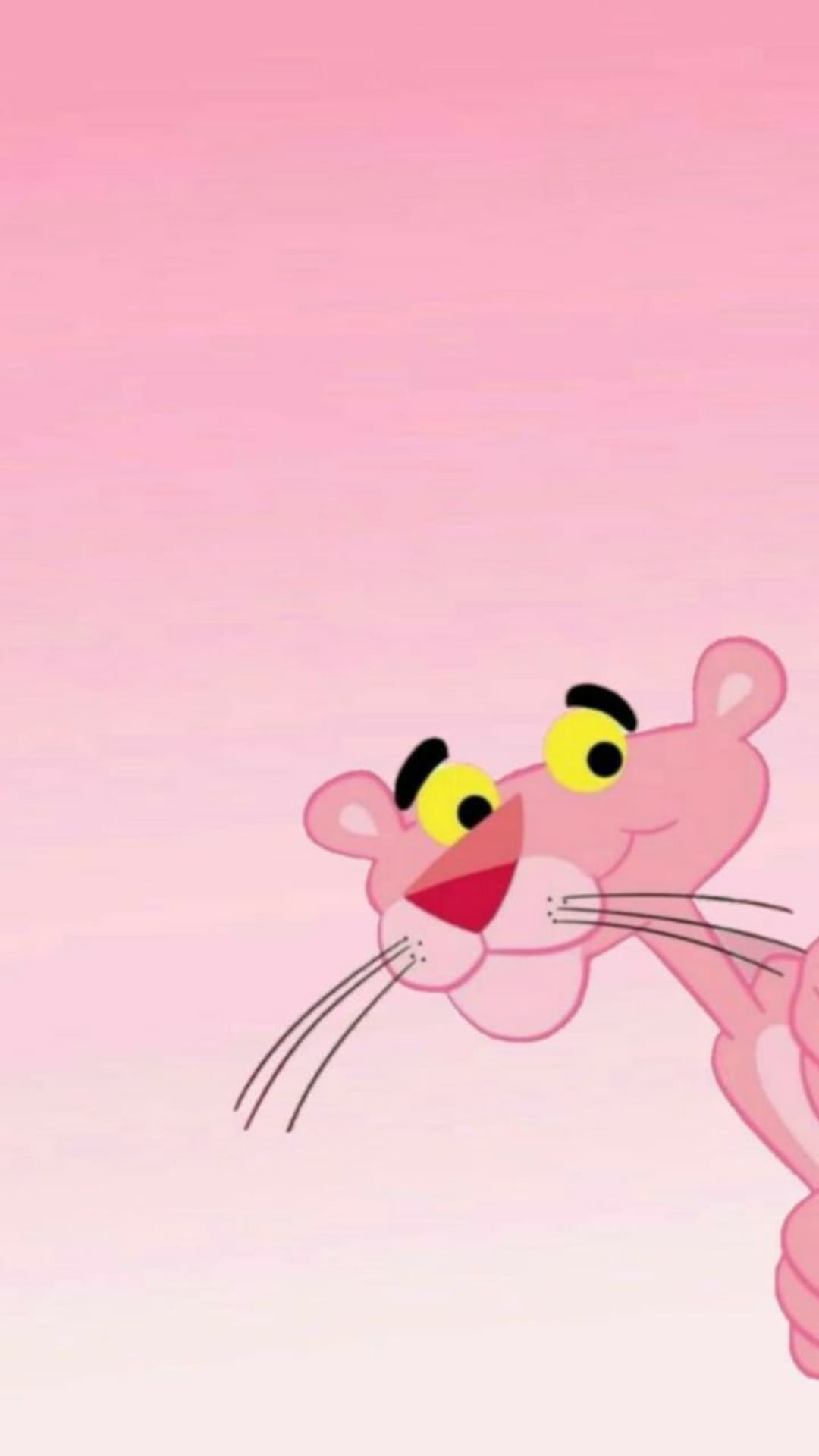 Pink Panther peeking from the right with wide yellow eyes and a mischievous expression over a pink gradient.
