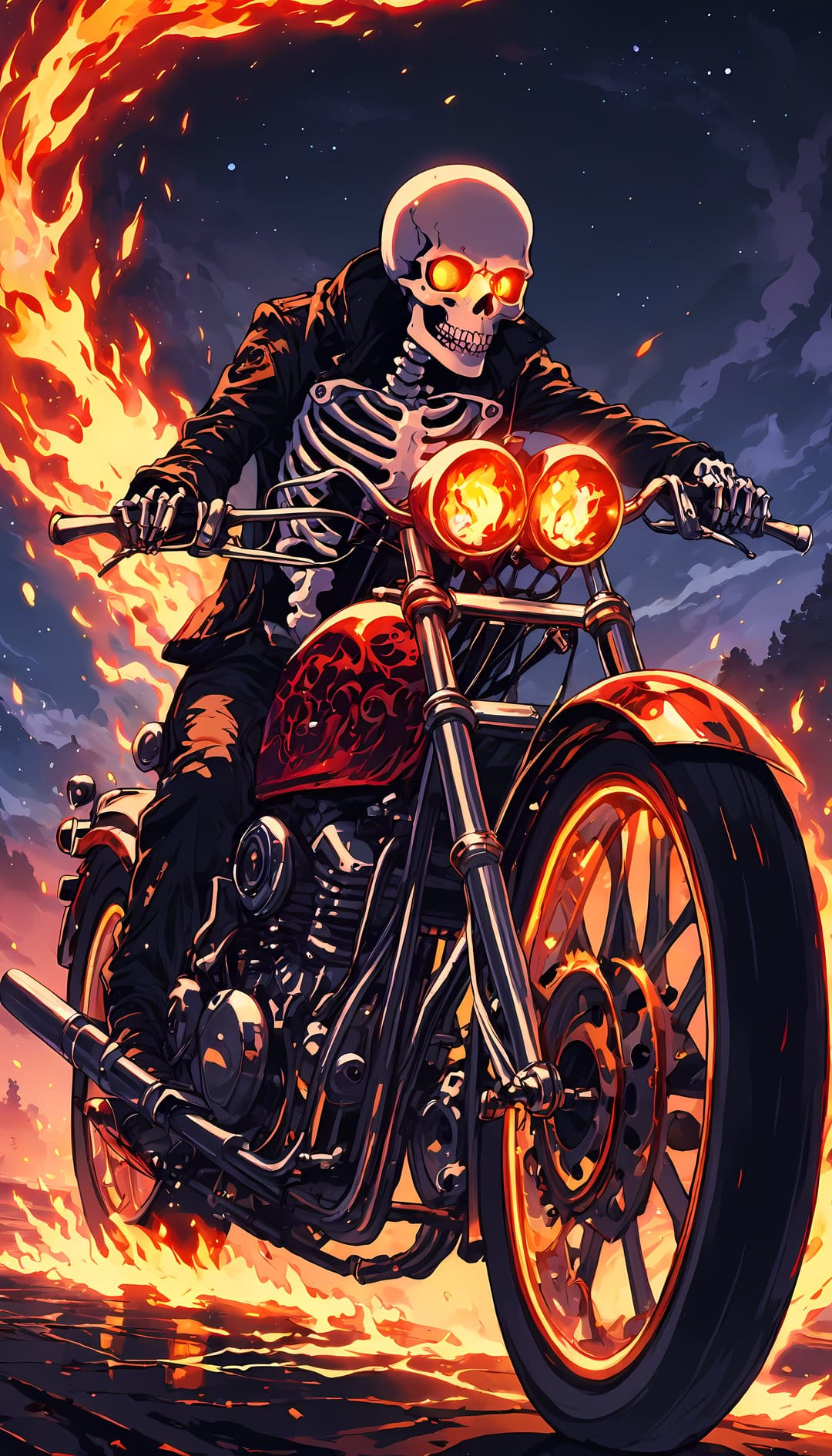 Skeleton biker in a leather jacket rides a motorcycle with wheels made of fire against a dark starry sky.