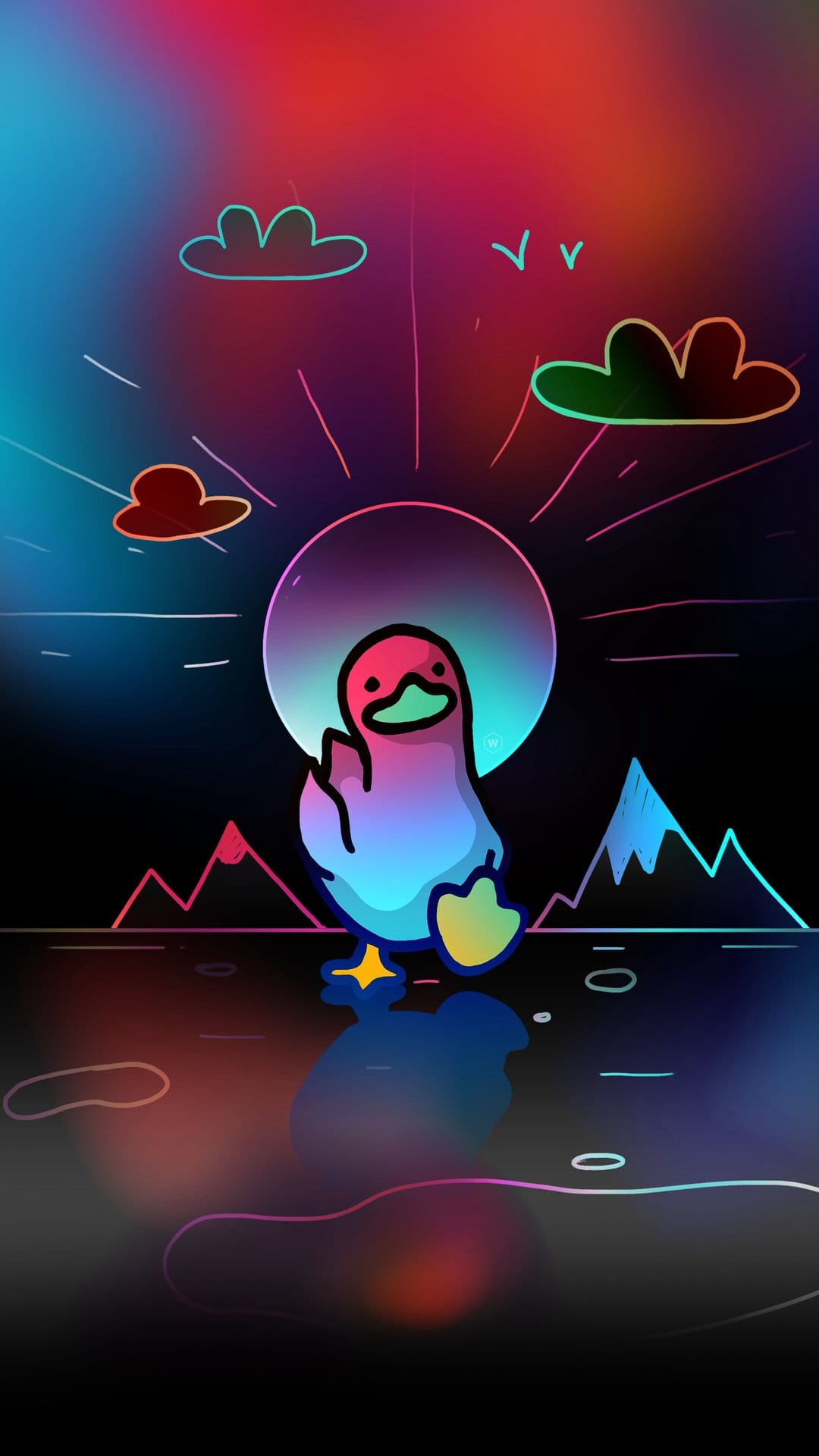 Neon duck with glowing outlines stands before stylized mountains and a bright circular sun under a purple sky.
