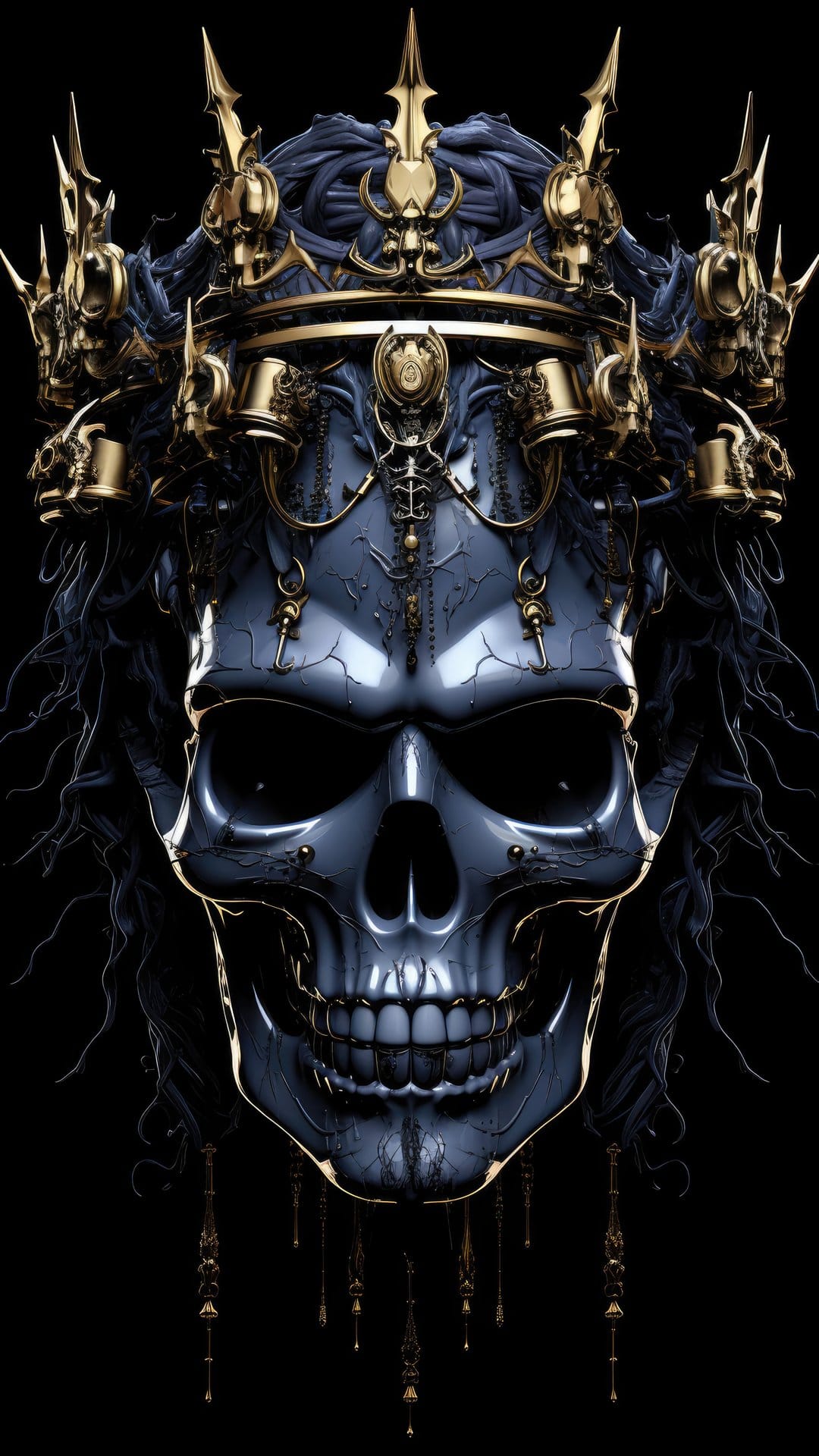 Metallic skull with an intricate spiked gold crown and long black hair set against a solid dark background.