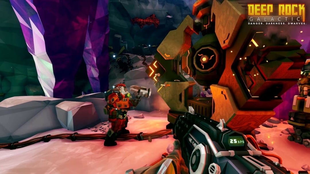 Dwarf in red armor standing by glowing orange machinery in a purple crystal cave with a first-person weapon view.