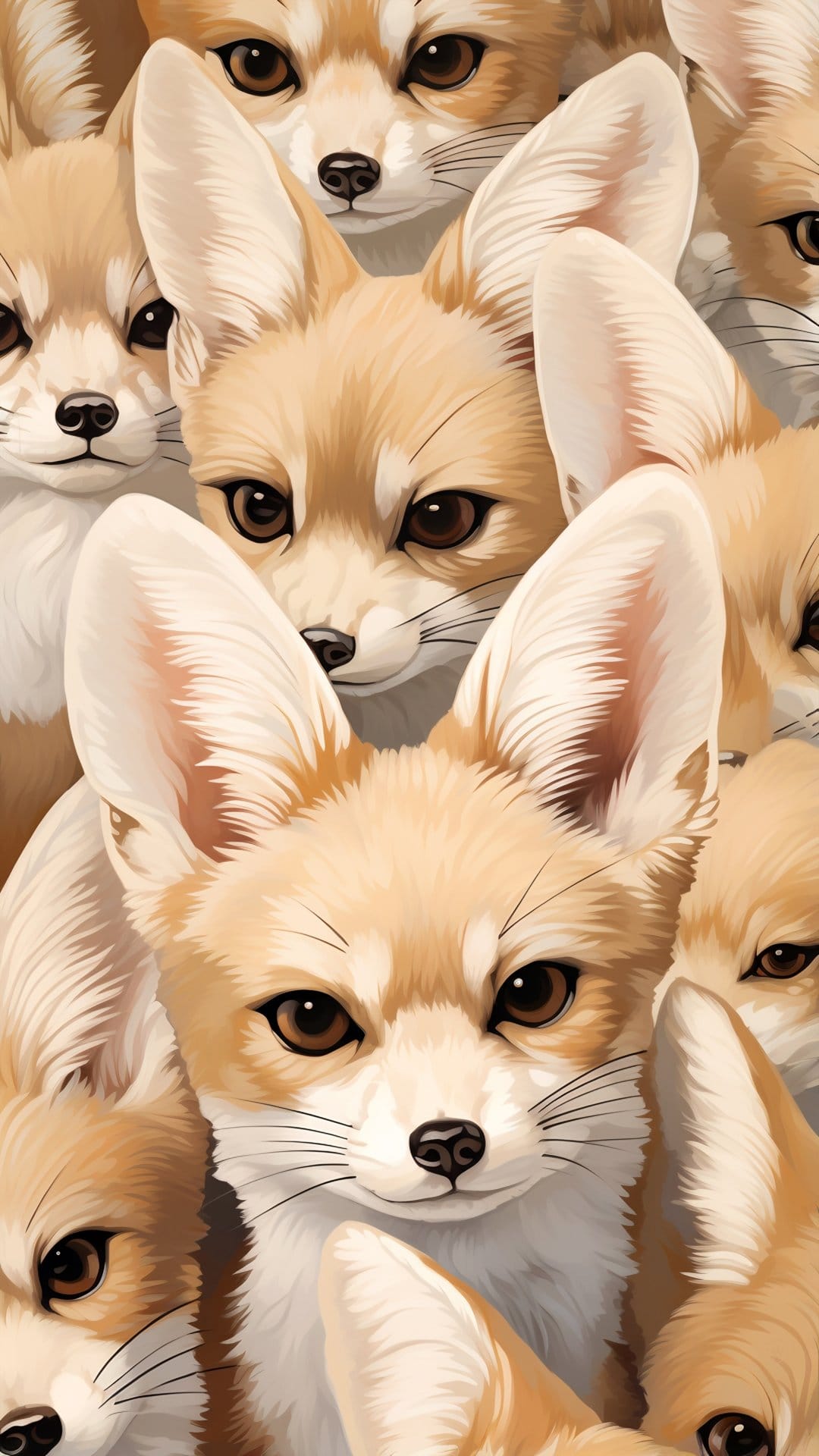Fennec fox faces with huge pointed ears and big black eyes cluster together in a warm sandy color palette.