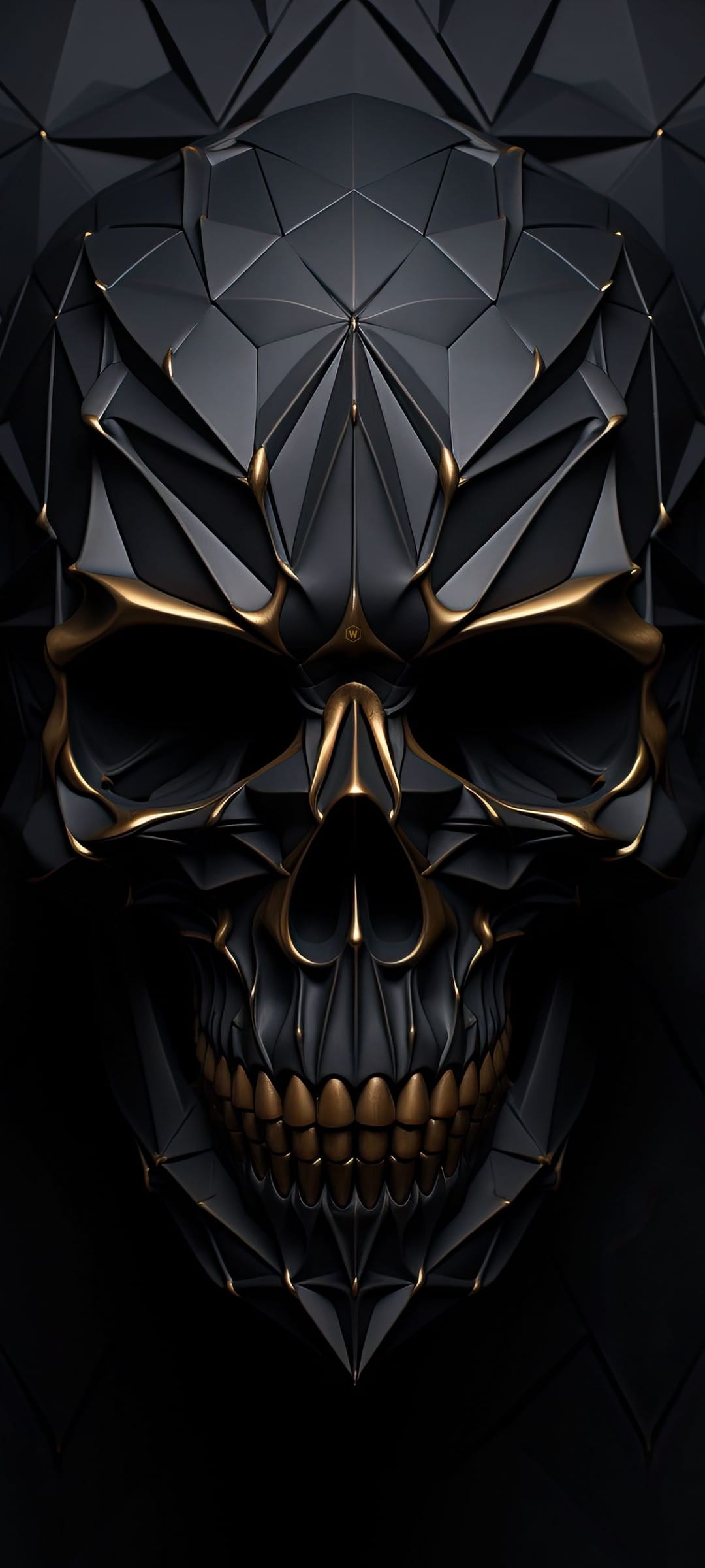 Black geometric skull featuring sharp golden edges and deep hollow eye sockets in a faceted 3D style.