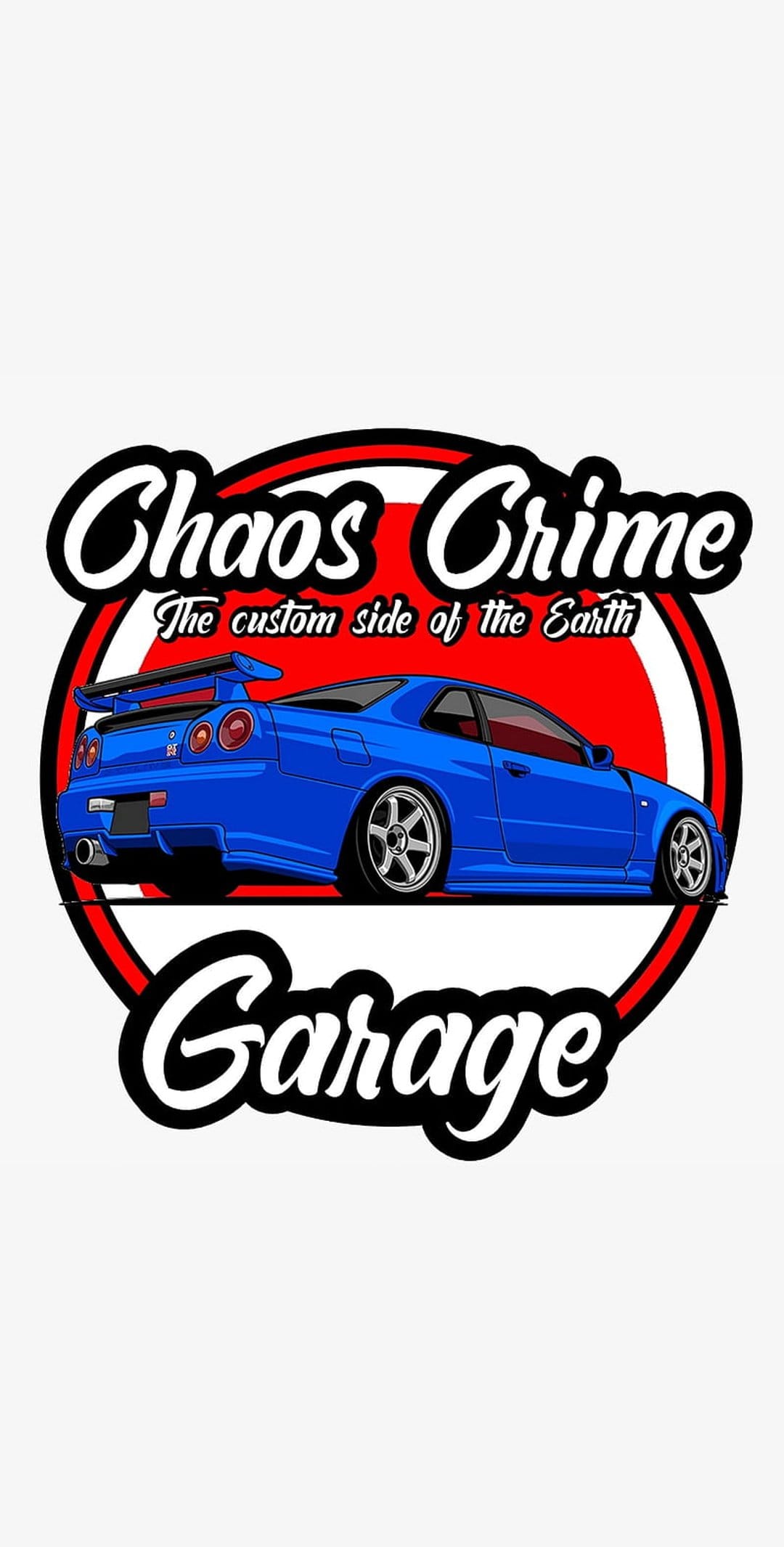 Blue sports car with Chaos Crime Garage text and a low-profile stance on a clean, minimalist background.
