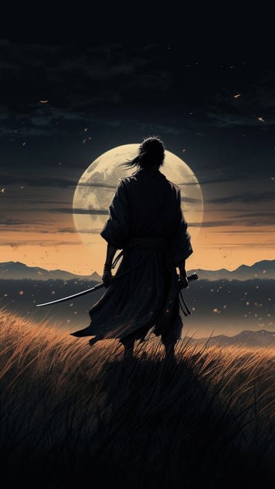 warrior,samurai,katana,moon,grass,art,japan