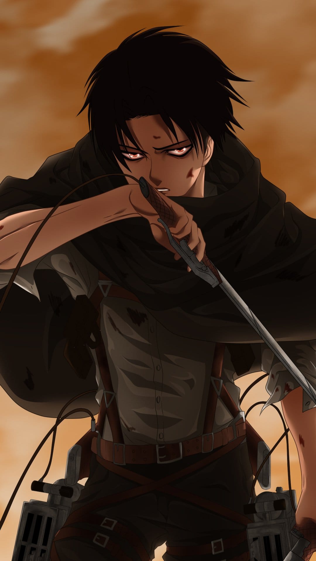 Levi Ackerman holds a dual-blade with intense eyes, wearing ODM gear against a warm orange-hued background.
