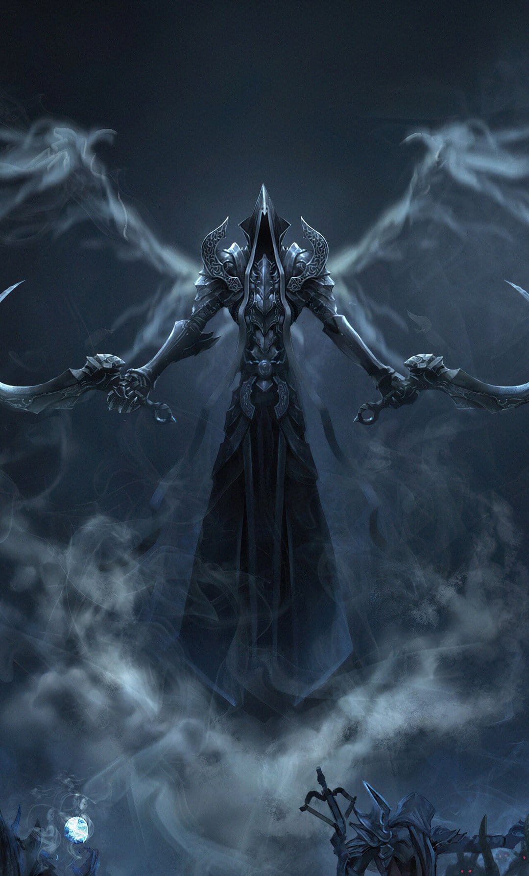 Hooded dark reaper in ornate silver armor with glowing smoke wings holding dual curved blades in thick blue fog.