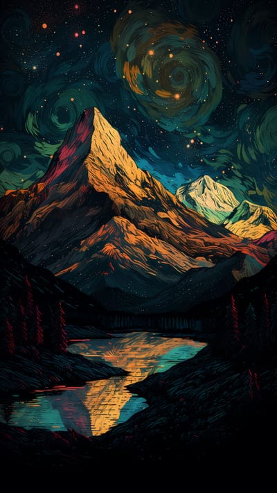 mountains,roks,lake,water,night,art