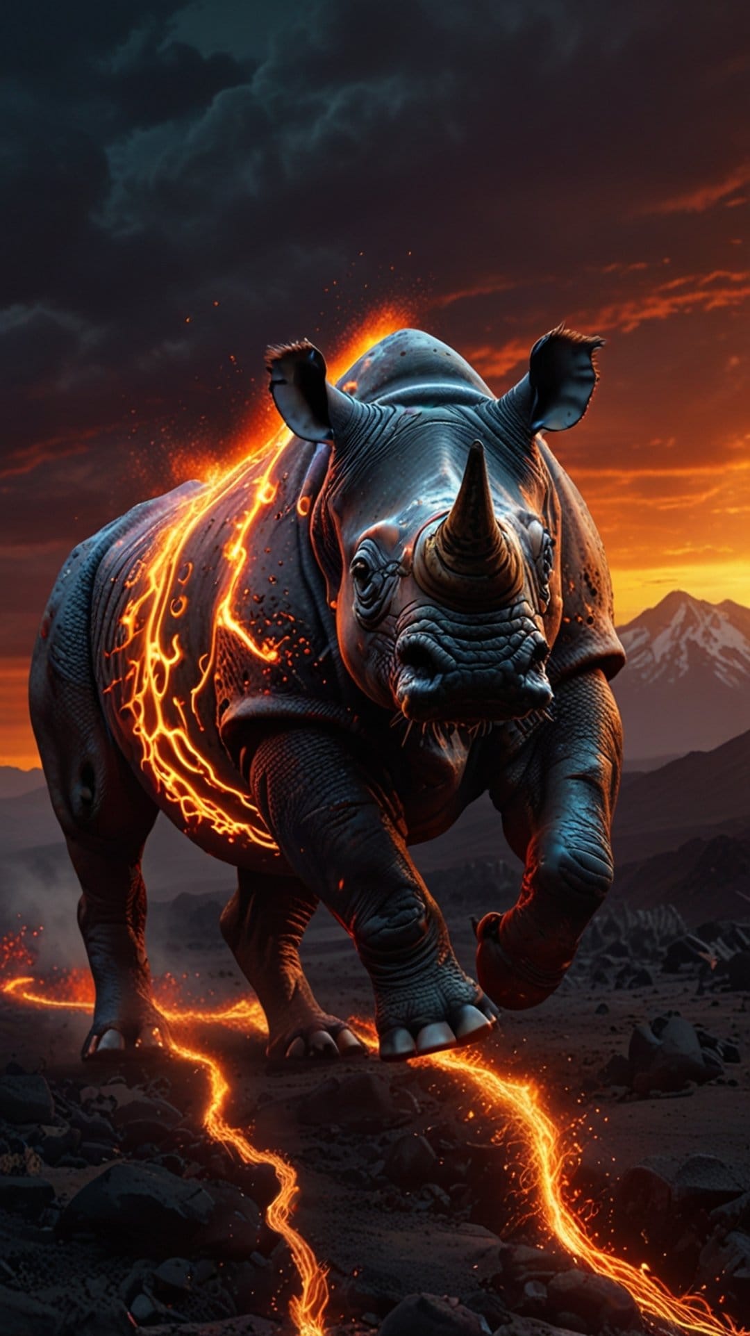 Rhinoceros with glowing orange lava cracks charges forward against a backdrop of stormy mountains and embers.