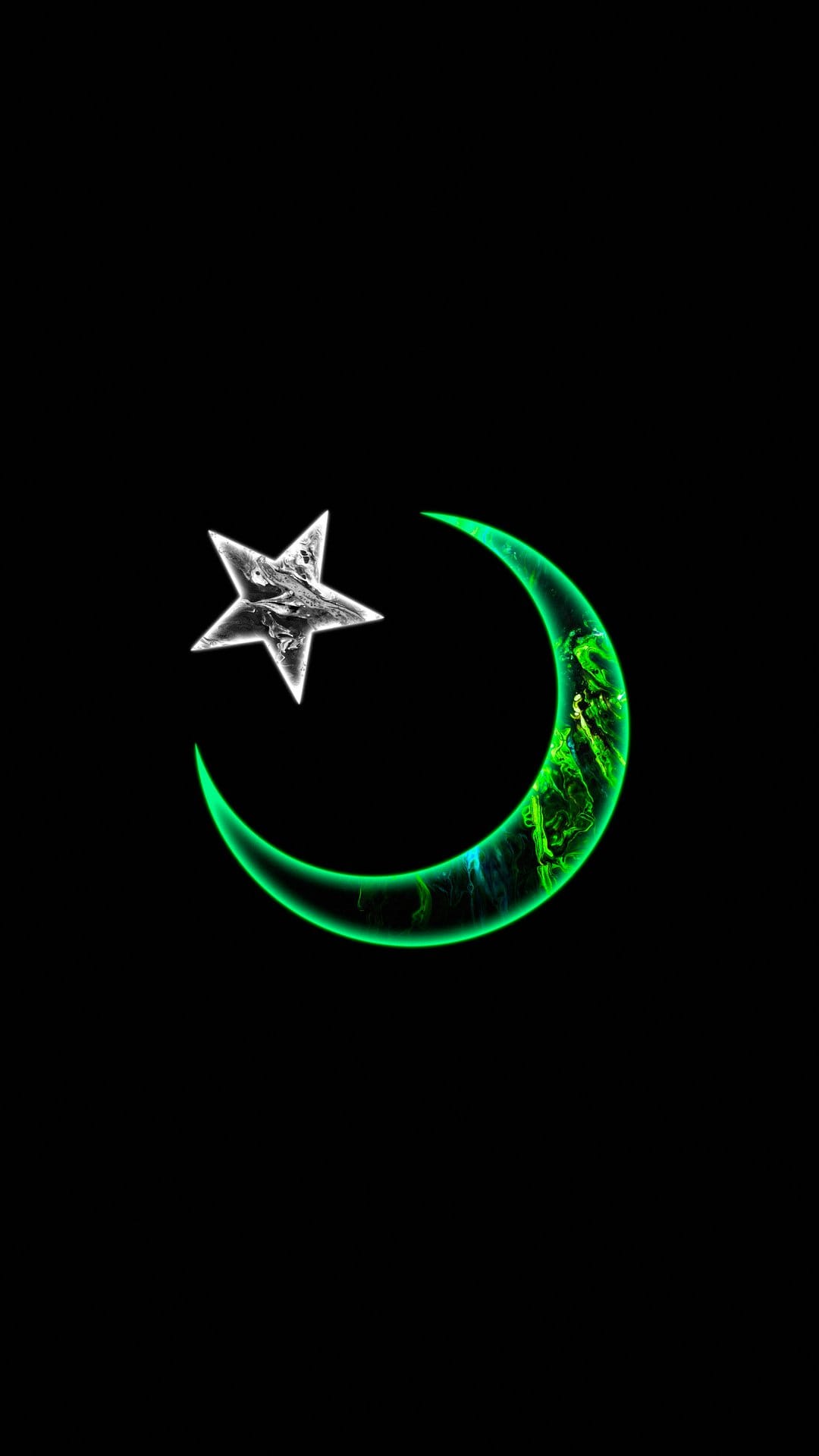 Green marbled crescent moon with neon outlines sits next to a textured white star on a dark black background.