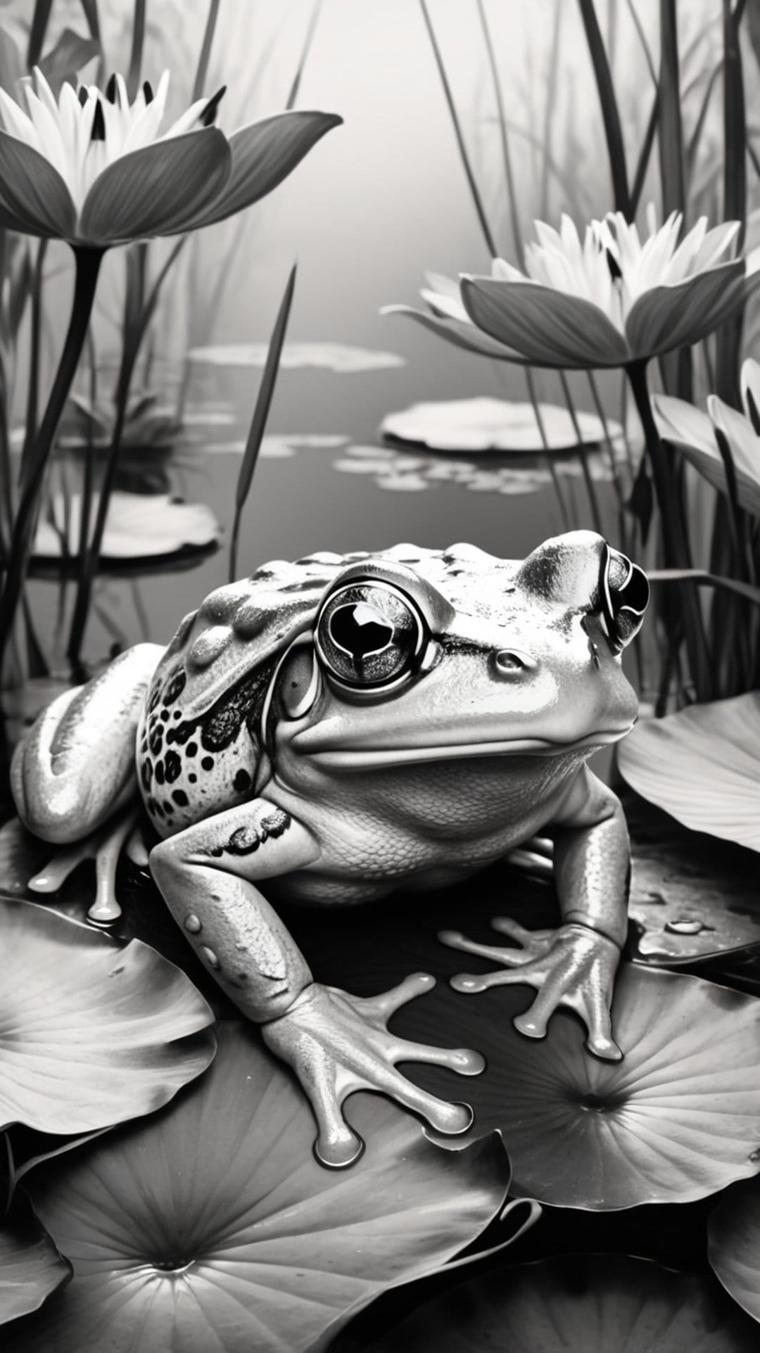 Frog with textured skin sits on a large lily pad amidst lotus flowers in a monochromatic pond setting.