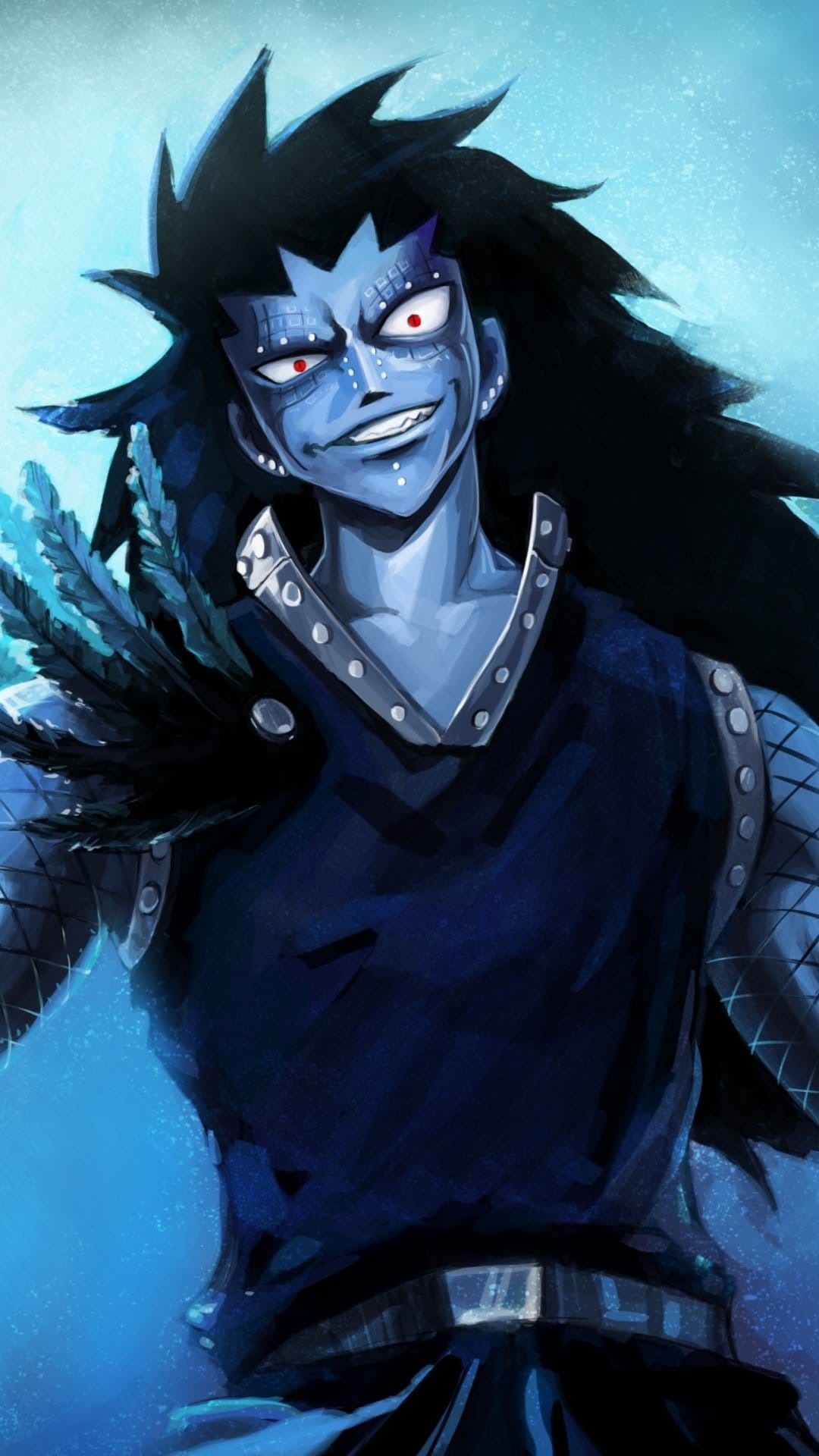 Gajeel Redfox with spiky black hair, red eyes, and a smirk, wearing metal-studded clothing and scaled skin textures.