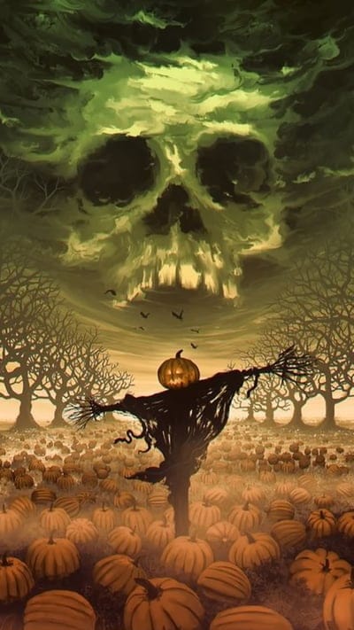 Halloween scarecrow,dark,galaxy,green,pumpkins,skull,sky