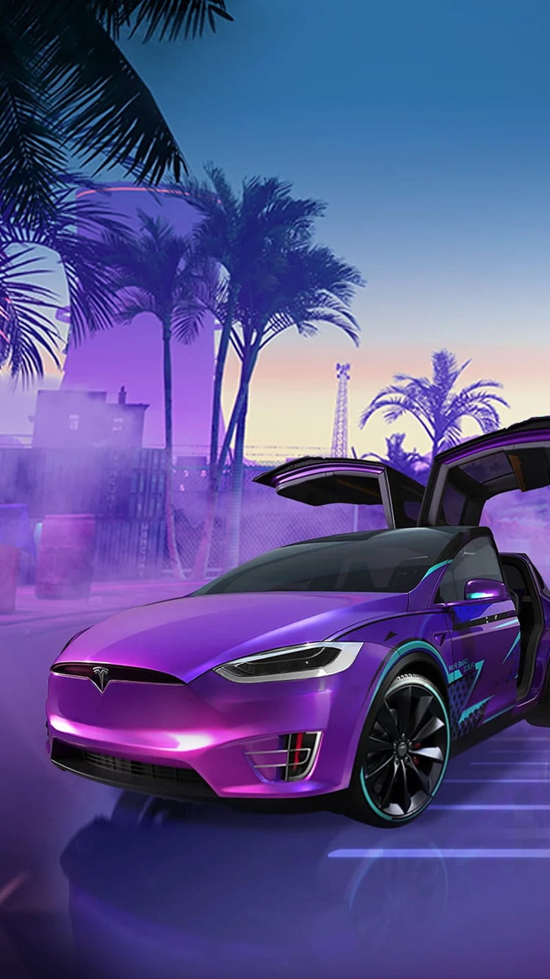 Purple Tesla Model X with open falcon doors parked under a neon pink sunset and silhouette palm trees.