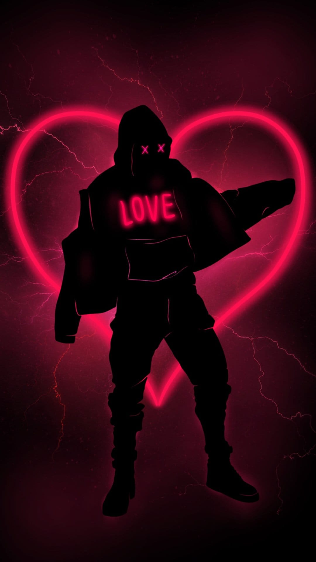 Hooded silhouette with pink X eyes and LOVE text on chest stands inside a neon heart with lightning strikes.