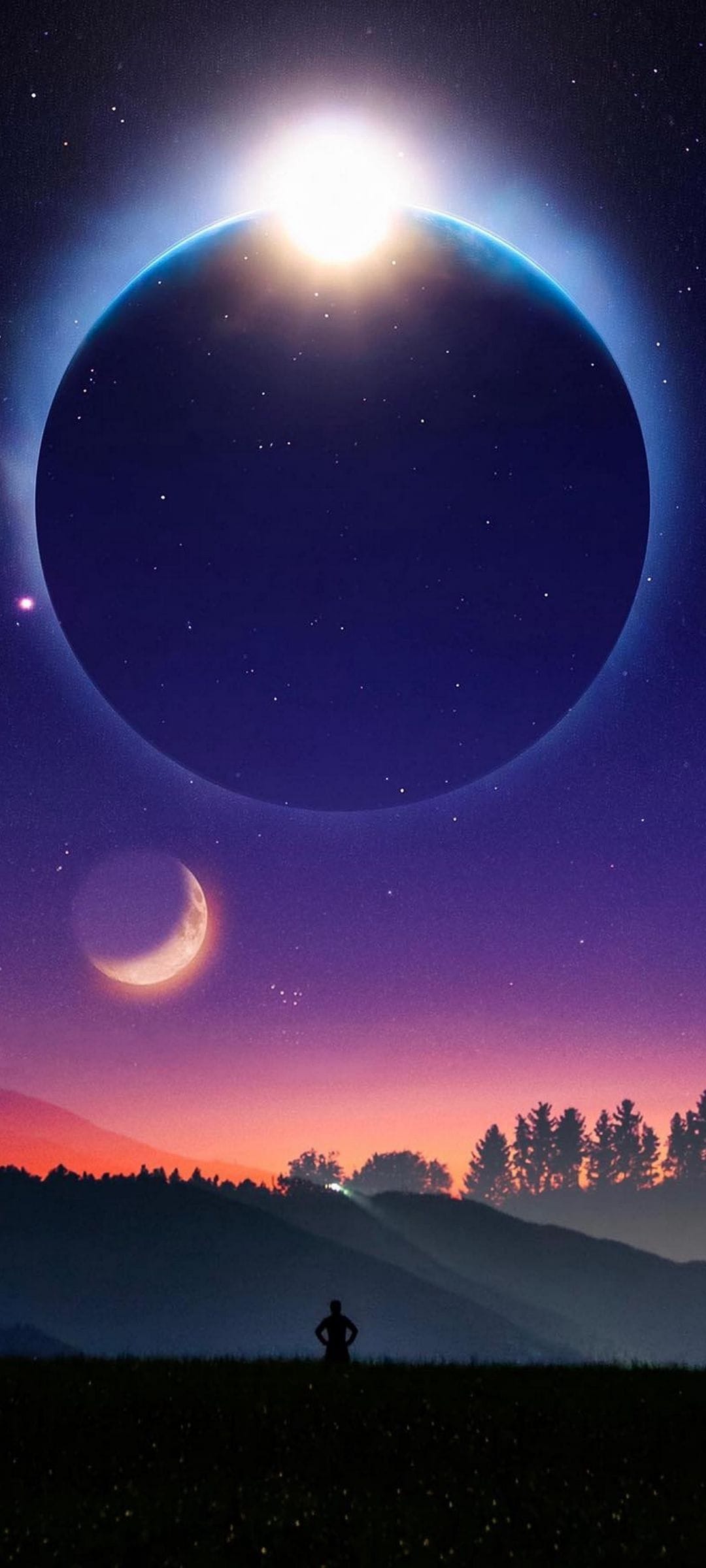 Solitary human silhouette gazes at a solar eclipse and glowing crescent moon in a starry twilight forest scene.