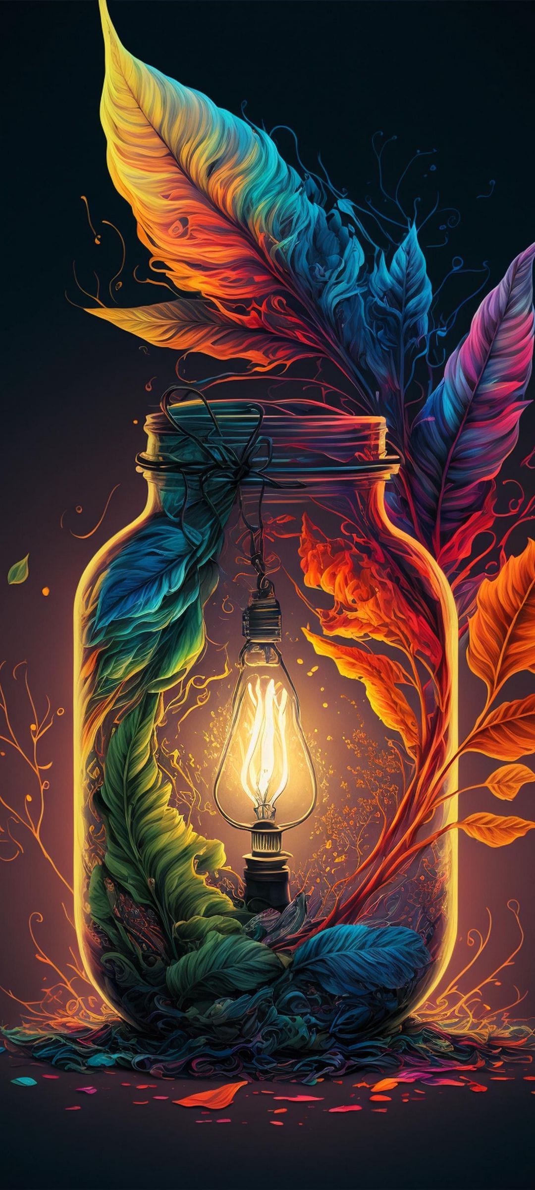 Glowing incandescent lightbulb inside a glass jar filled with vibrant multicolored feathers and green leaves.