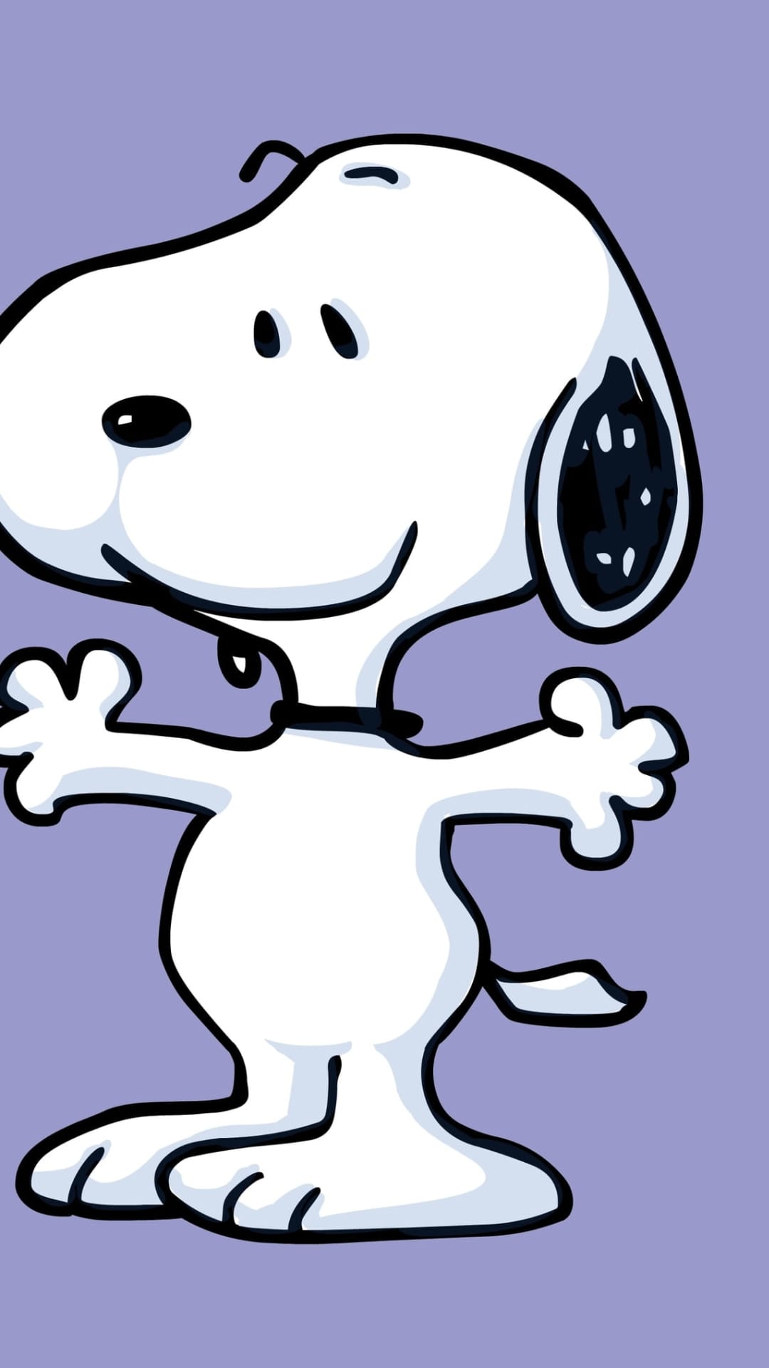 Snoopy the beagle stands with arms wide open and a smile against a solid, vibrant light purple background.