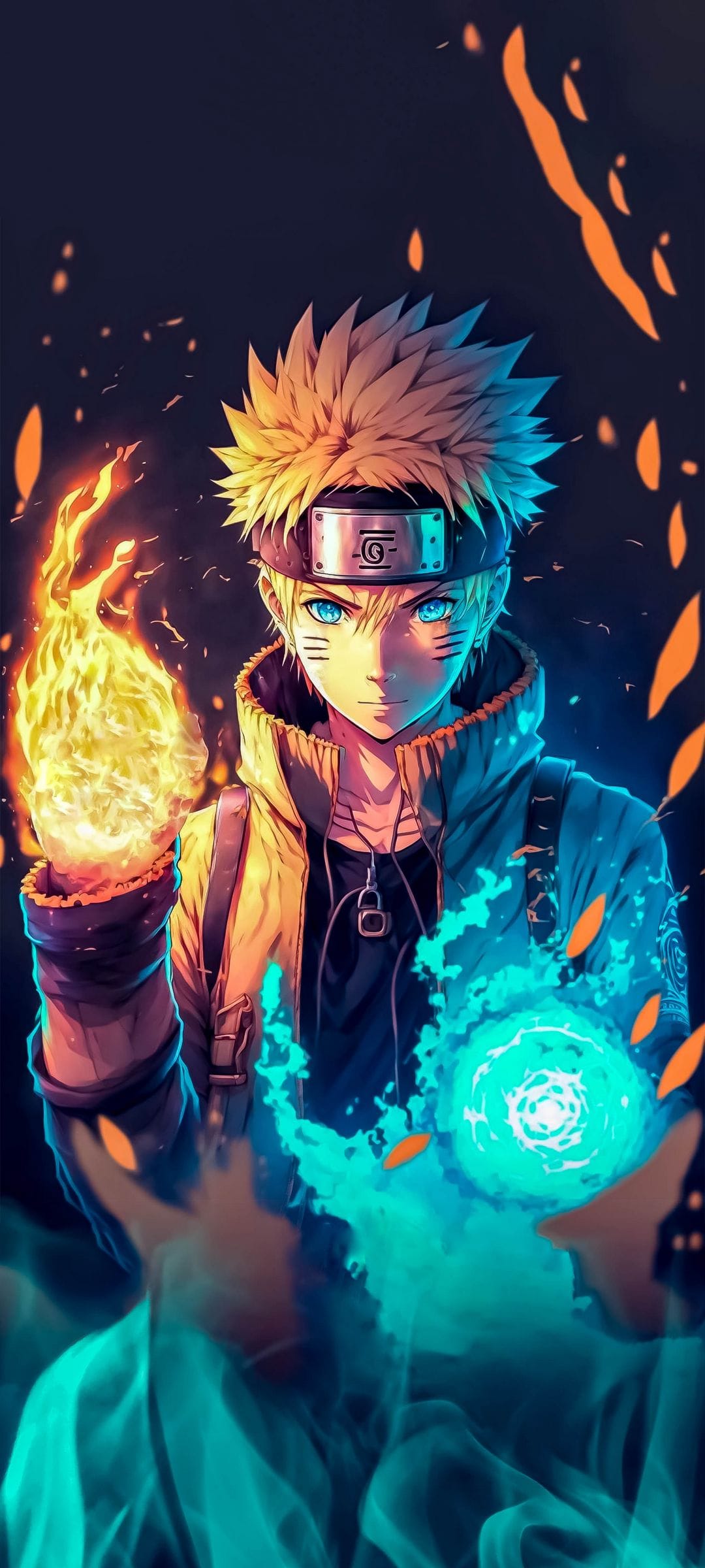 Naruto Uzumaki holds a blue chakra sphere and orange fire, featuring spiky blonde hair and glowing blue eyes.