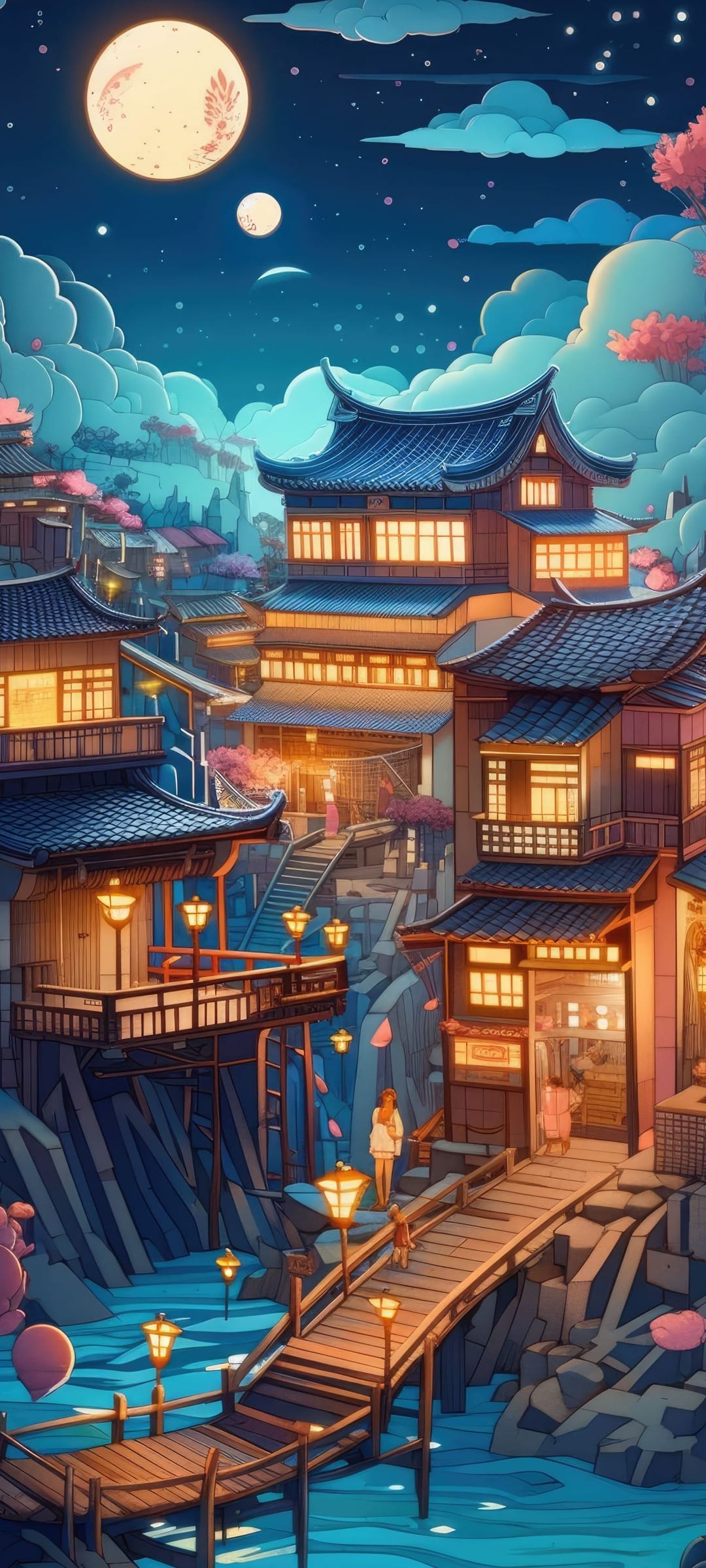Traditional Japanese houses with blue roofs glow beside a river under a large full moon and cherry blossoms.
