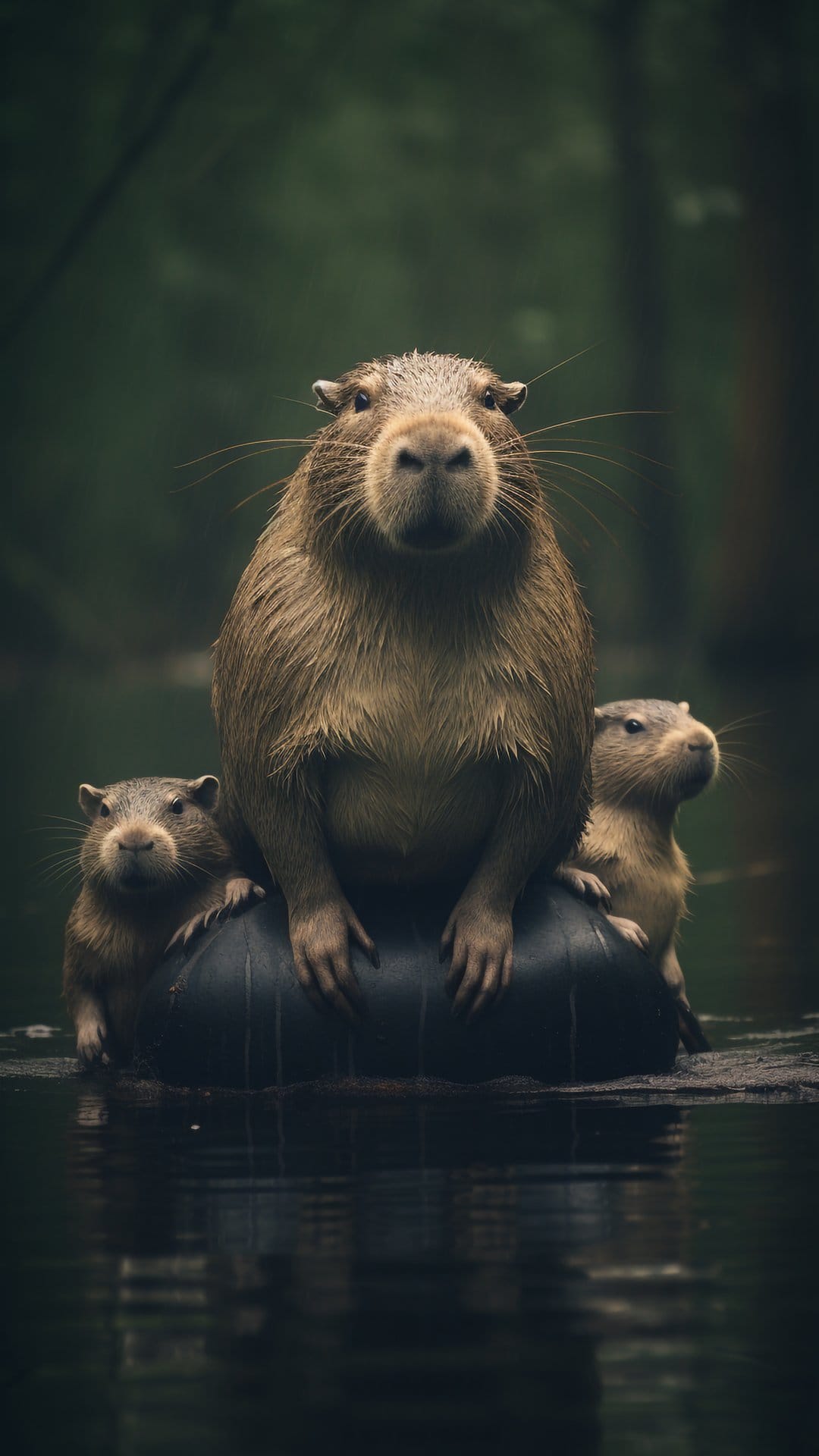 Three capybaras, one large and two small, sit together on a black rubber inner tube floating in a calm pond.