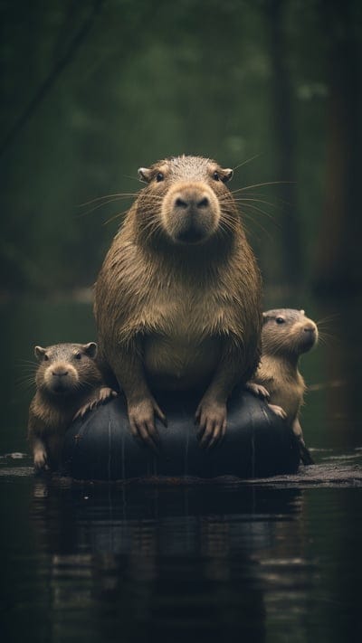 beaver,cubs,pond,water