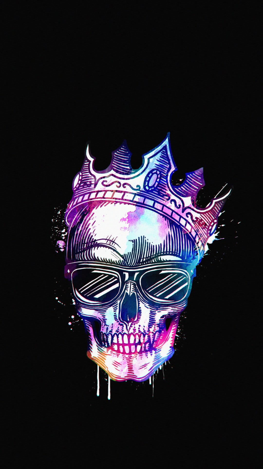 Skull wearing a golden crown and sunglasses with vibrant watercolor paint splatters and colorful drips.