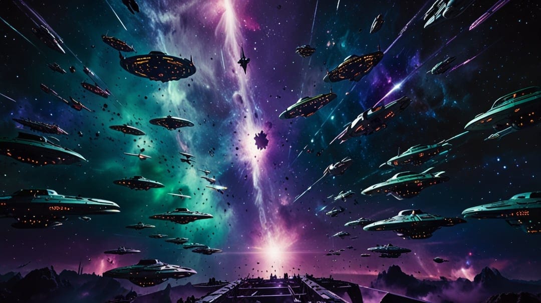 Advanced starships engage in a massive space battle within a swirling purple and emerald green nebula.