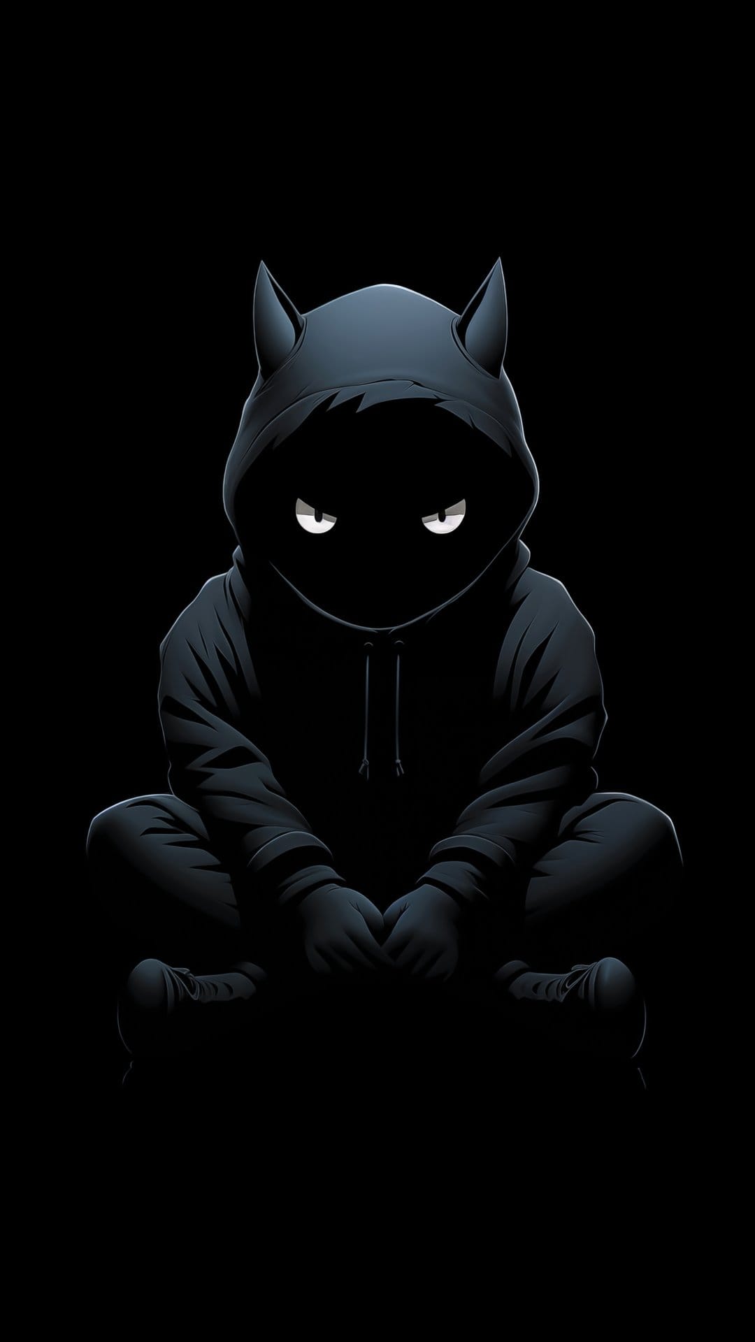 Horned figure in a black hoodie with glowing white eyes sits cross-legged against a dark, minimalist background.