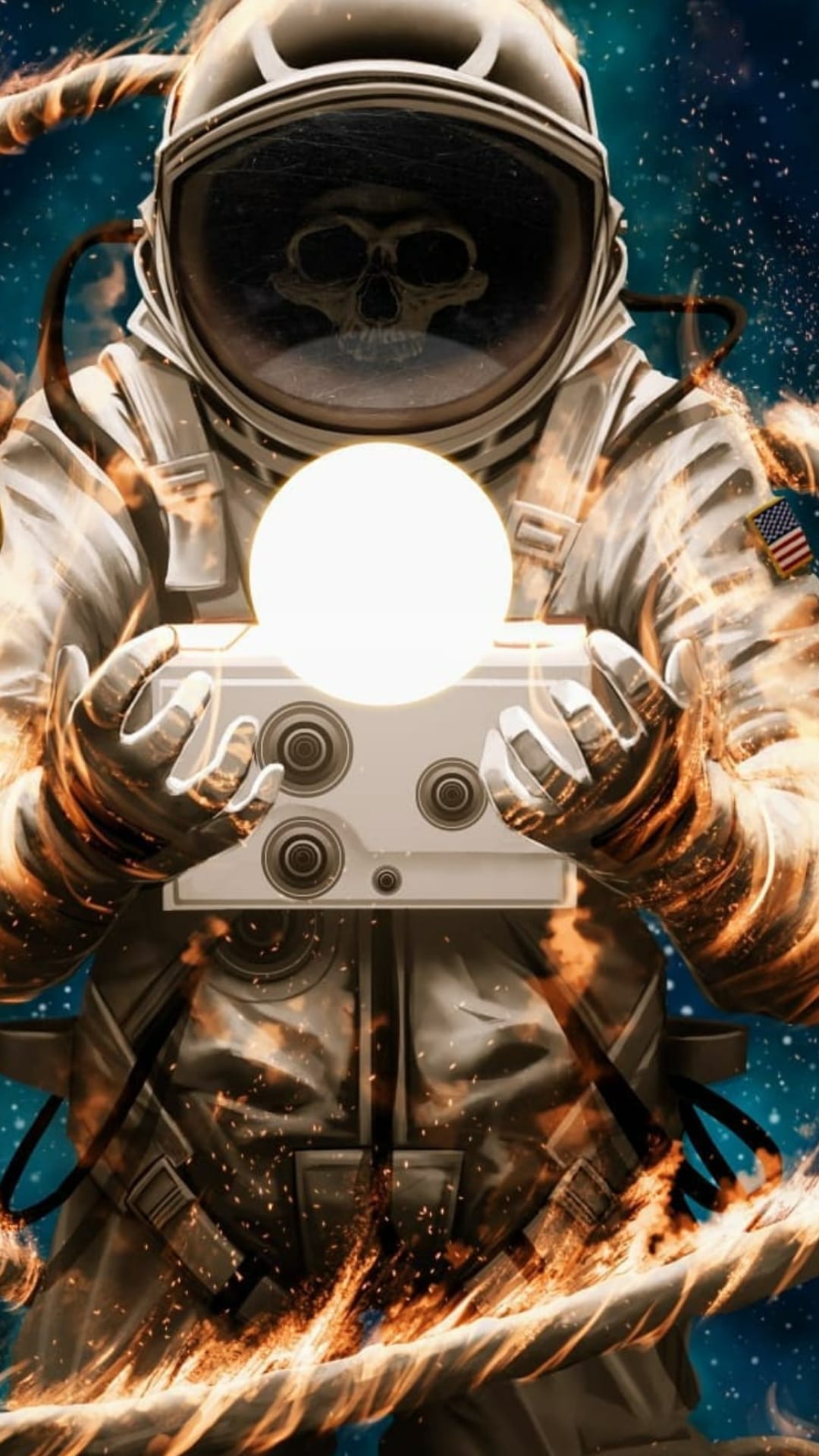 Skeleton in a NASA-style suit grips a blazing orange orb amid floating embers and distant cosmic stars.