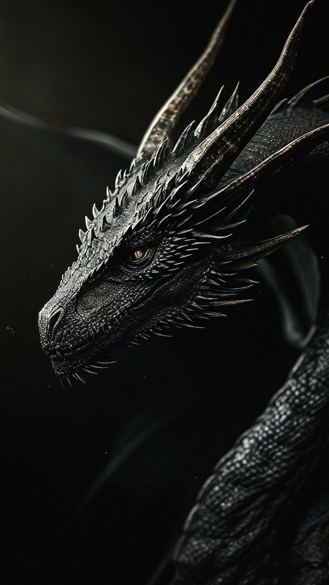 Black dragon with textured obsidian scales and a piercing yellow eye stares forward against a dark background.