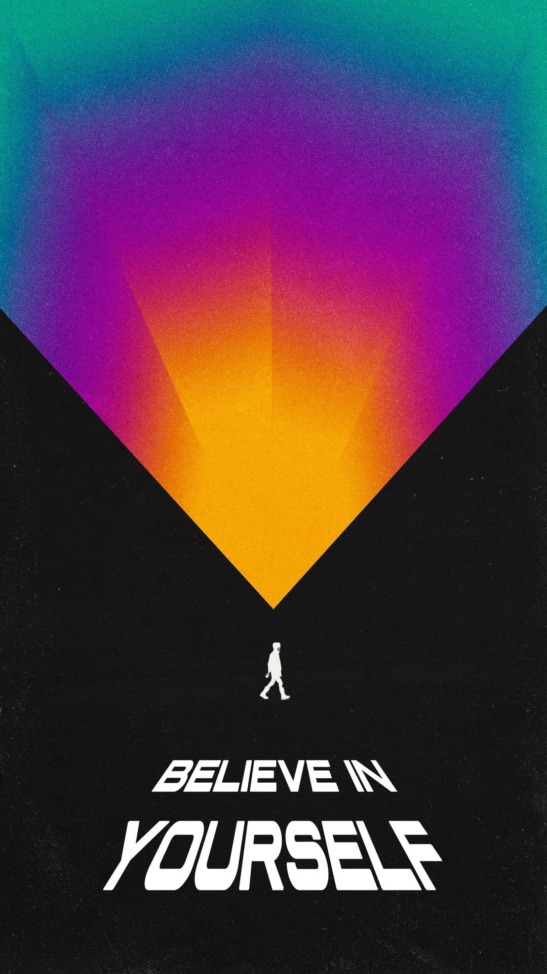 Lone silhouette walks toward a vibrant orange and teal abstract sunrise with white believe in yourself text.