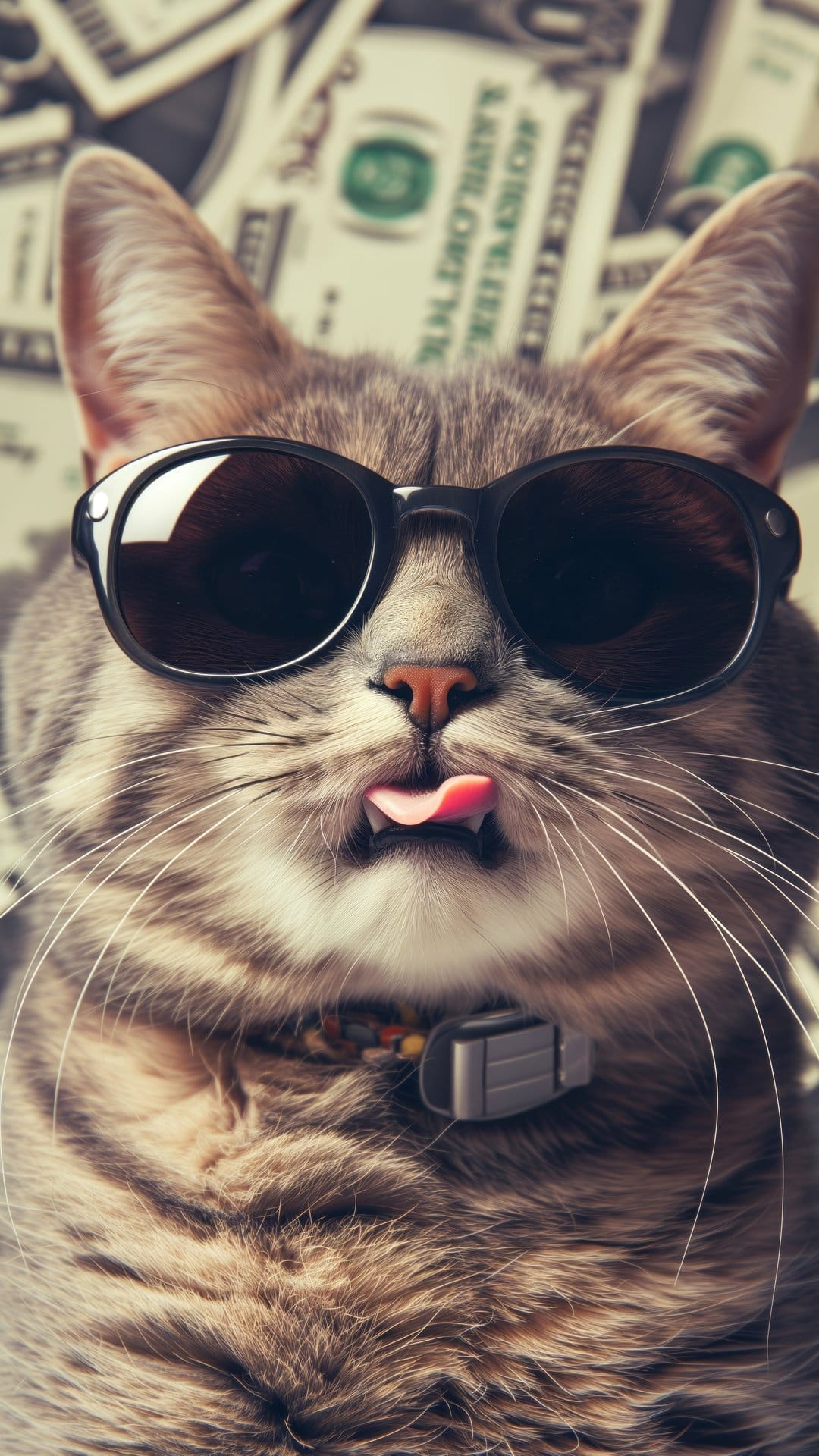 Tabby cat wearing dark sunglasses and sticking its tongue out in front of a pile of scattered dollar bills.